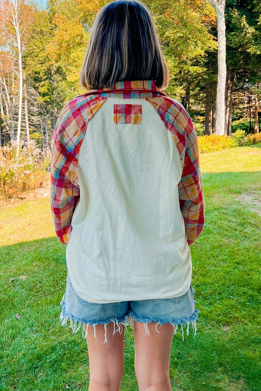 Red Plaid Patchwork Half Button Collared Raglan Sleeve Top