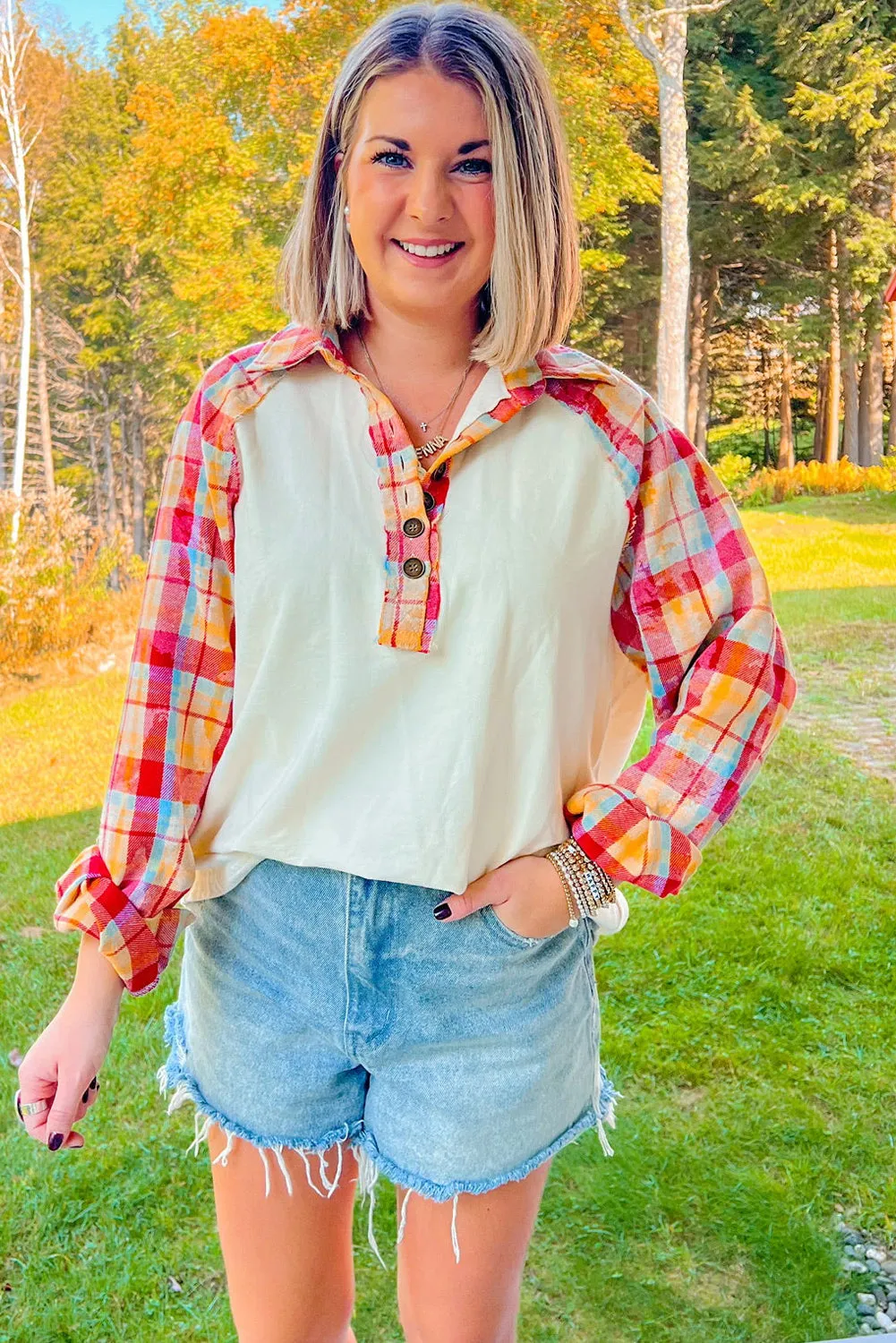 Red Plaid Patchwork Half Button Collared Raglan Sleeve Top