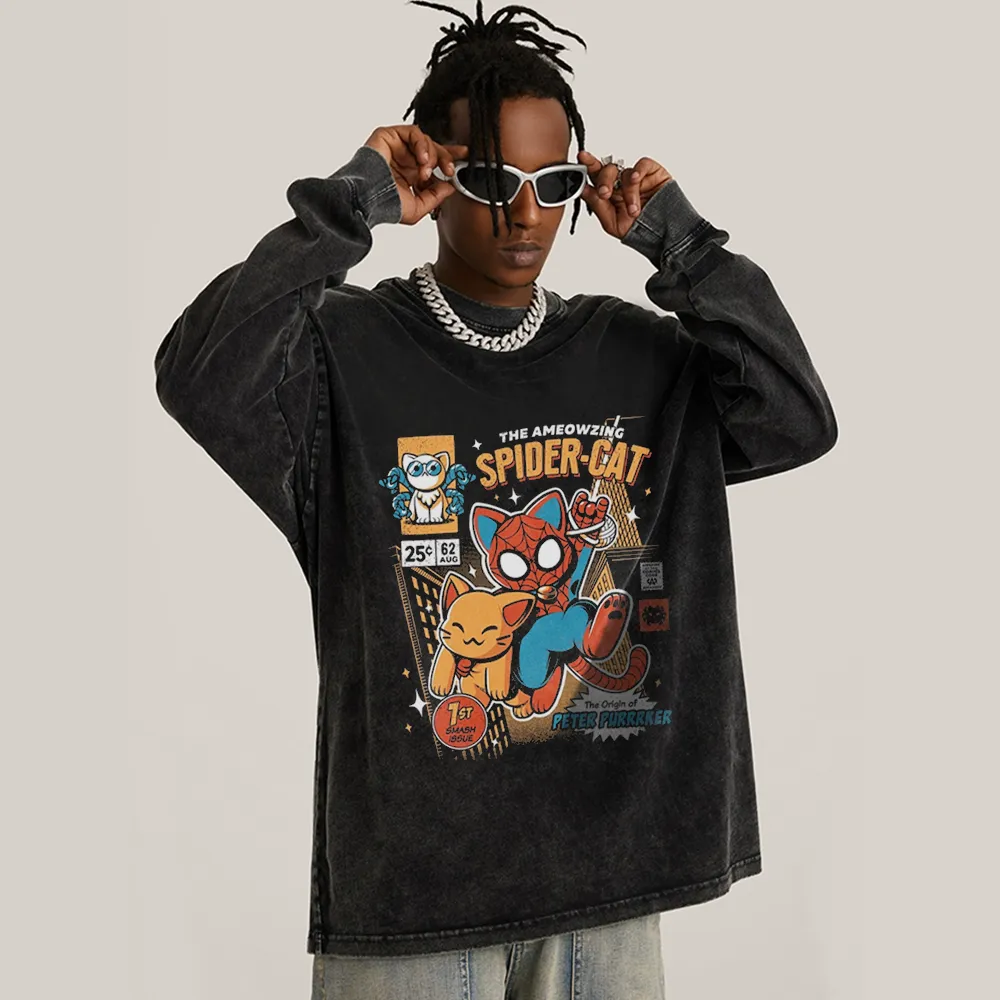 Retro Spider Cat Washed Sweatshirt