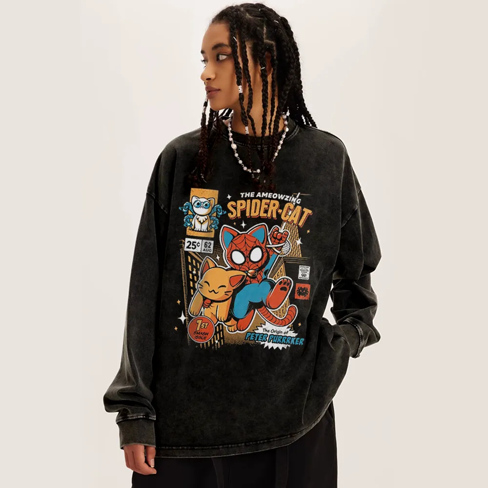 Retro Spider Cat Washed Sweatshirt