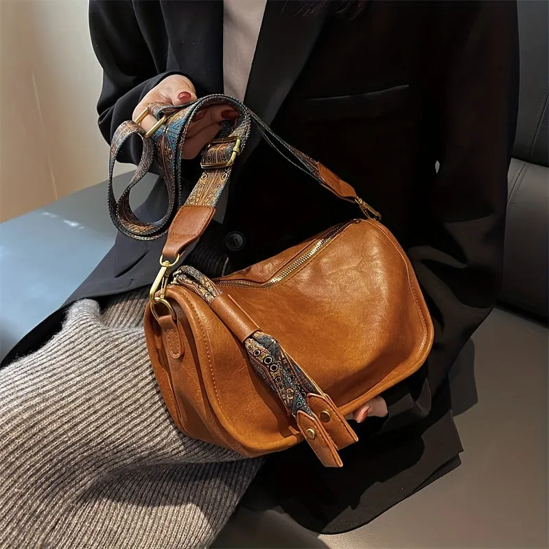 Retro Style Crossbody Bag, Graphic Pattern Strap Shoulder Bag, Women's PU Leather Zipper Purse