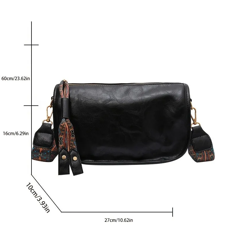 Retro Style Crossbody Bag, Graphic Pattern Strap Shoulder Bag, Women's PU Leather Zipper Purse