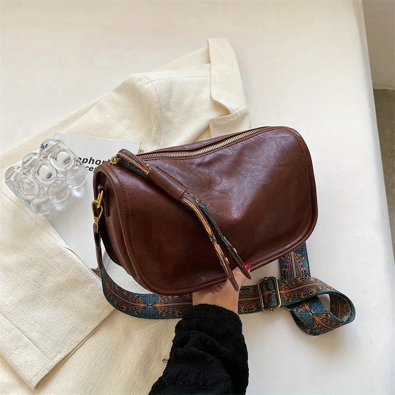 Retro Style Crossbody Bag, Graphic Pattern Strap Shoulder Bag, Women's PU Leather Zipper Purse