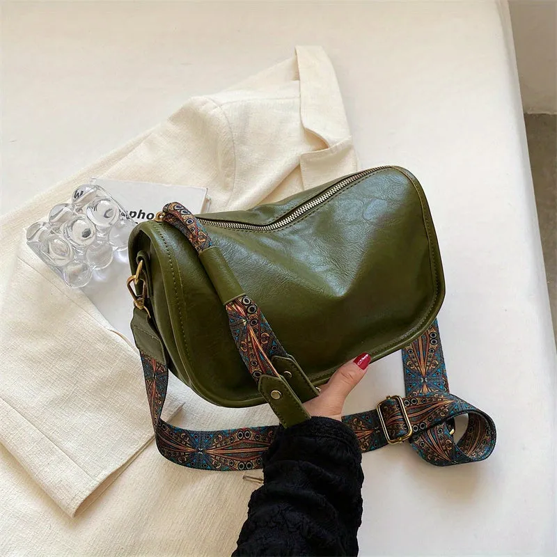 Retro Style Crossbody Bag, Graphic Pattern Strap Shoulder Bag, Women's PU Leather Zipper Purse