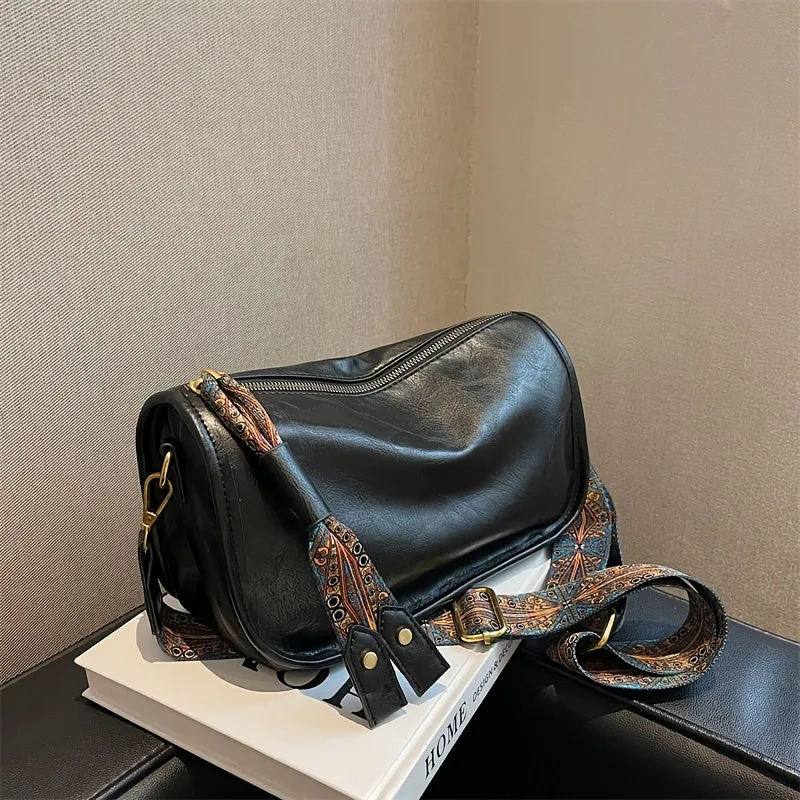 Retro Style Crossbody Bag, Graphic Pattern Strap Shoulder Bag, Women's PU Leather Zipper Purse
