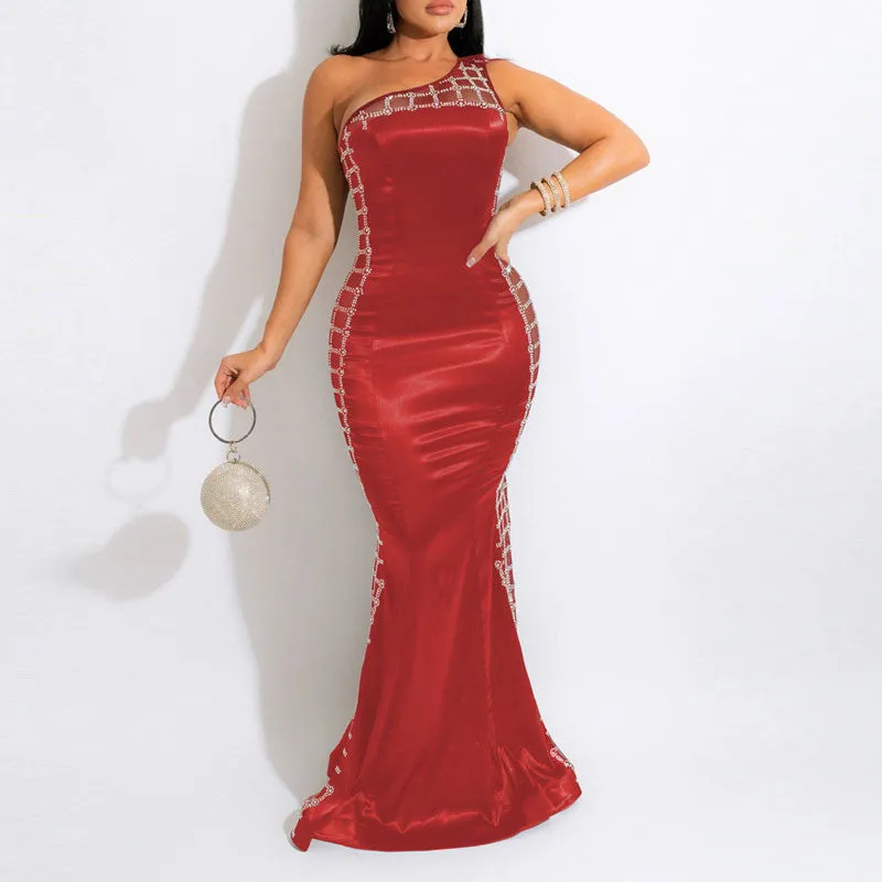 Rhinestone One Shoulder Sleeveless Floor-Length Dress