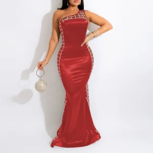 Rhinestone One Shoulder Sleeveless Floor-Length Dress