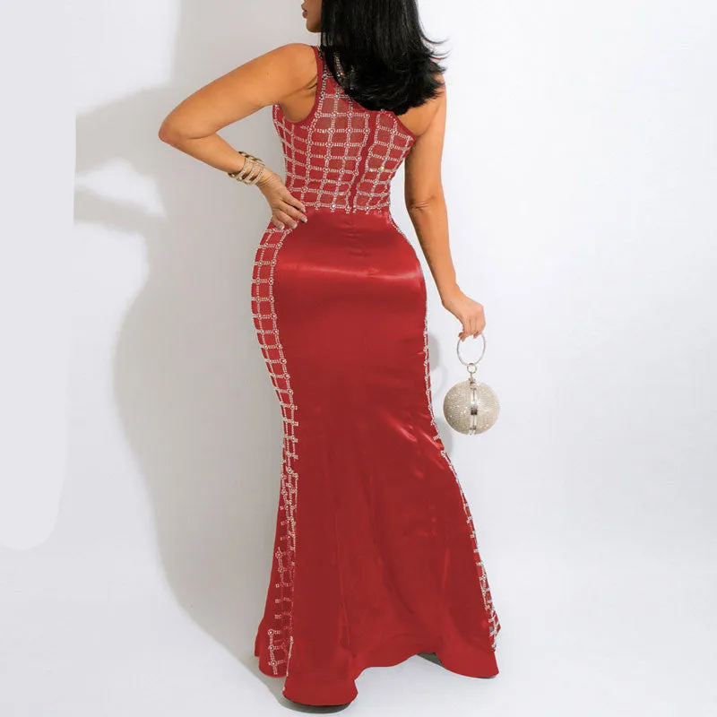 Rhinestone One Shoulder Sleeveless Floor-Length Dress