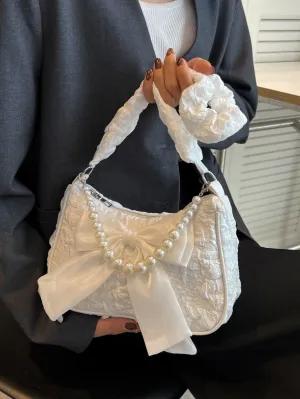 Rhinestone Pearl Chain & Decor Jacquard Bow Baguette Bag - White