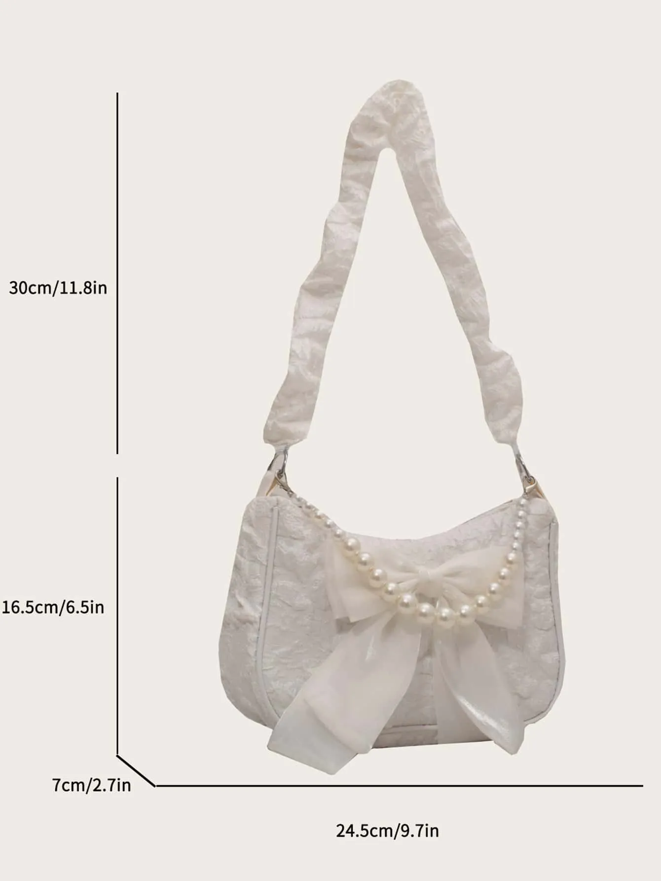 Rhinestone Pearl Chain & Decor Jacquard Bow Baguette Bag - White