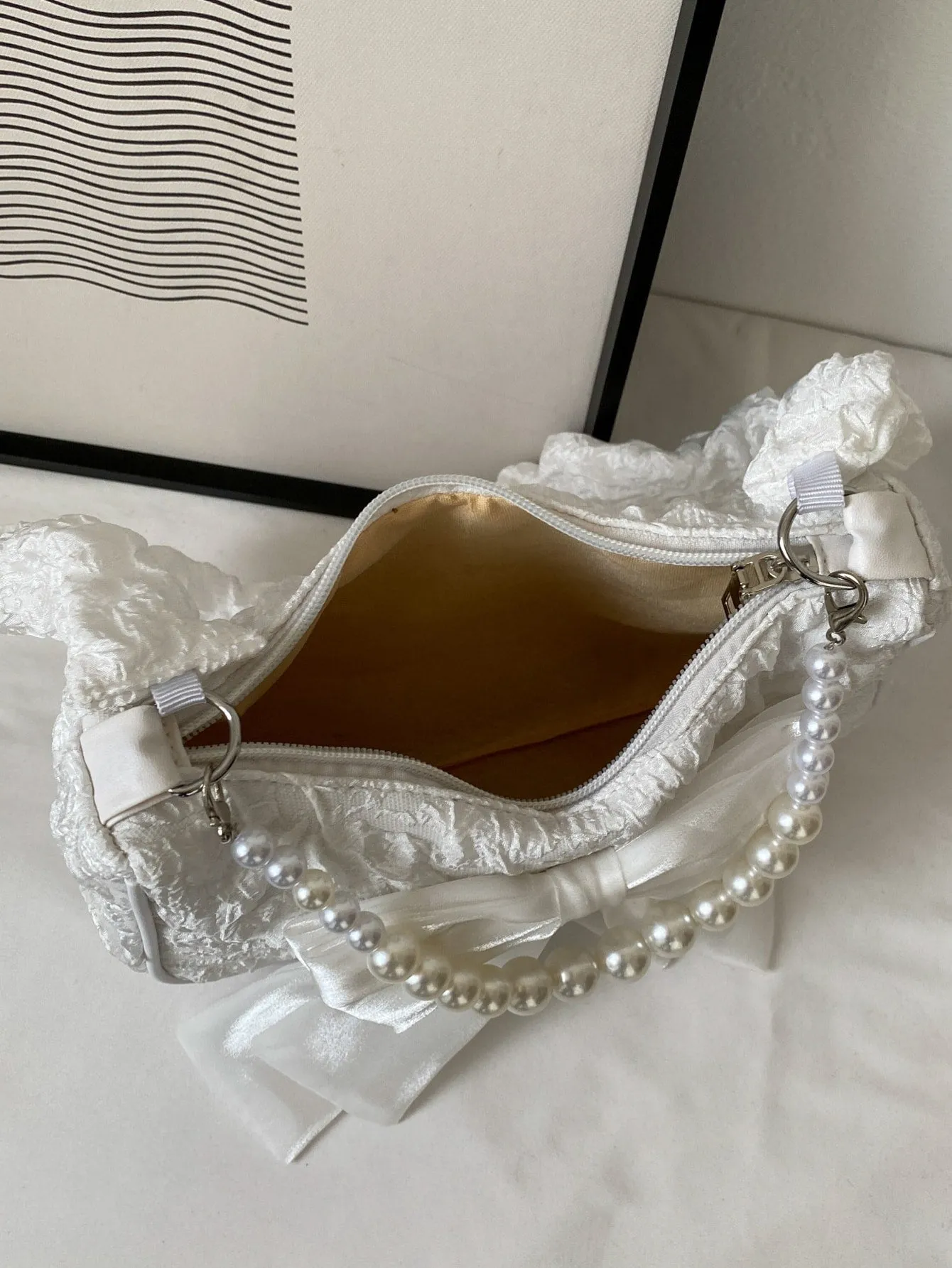 Rhinestone Pearl Chain & Decor Jacquard Bow Baguette Bag - White