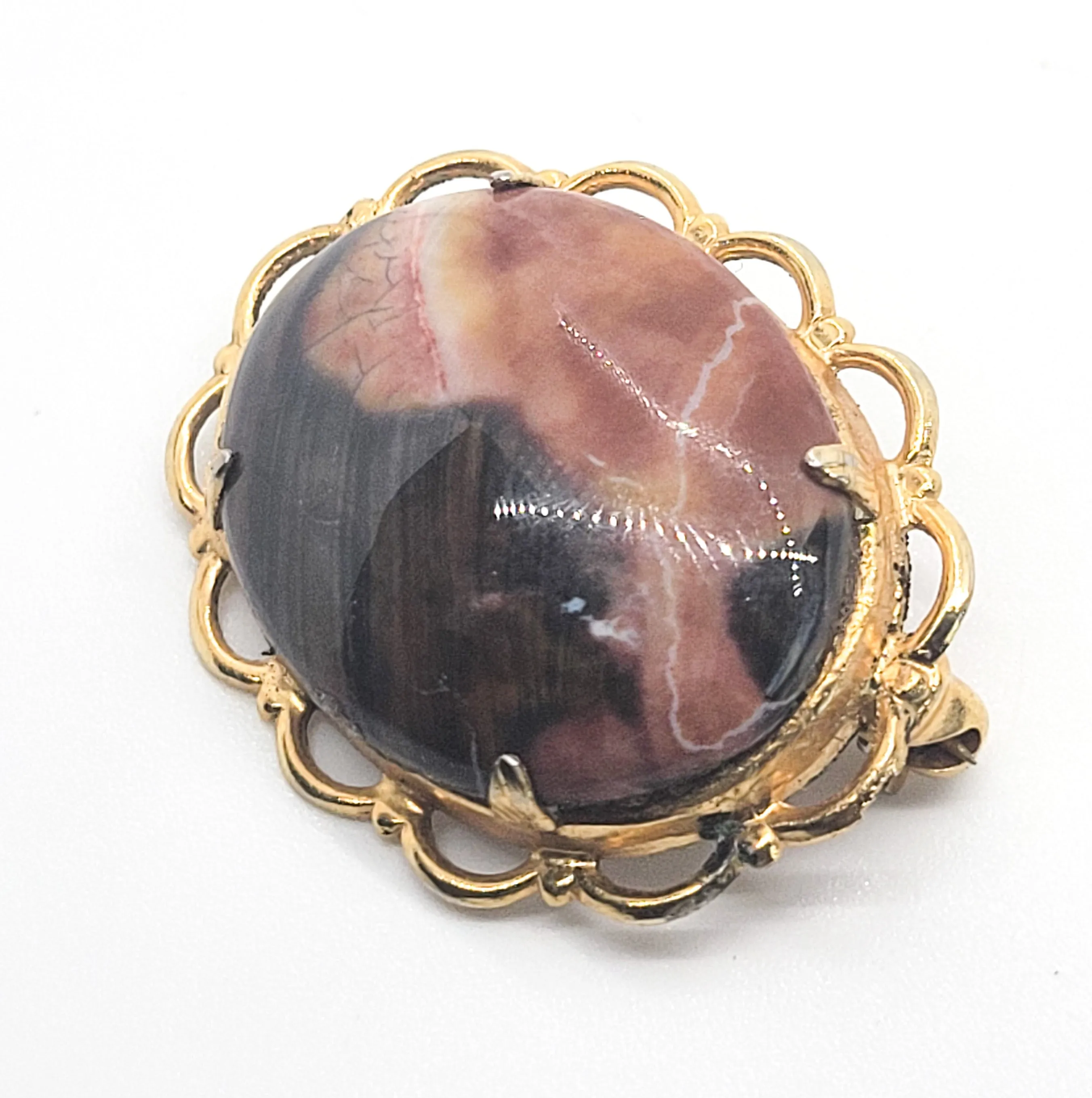 Rhodonite gemstone pink and brown vintage gold toned brooch
