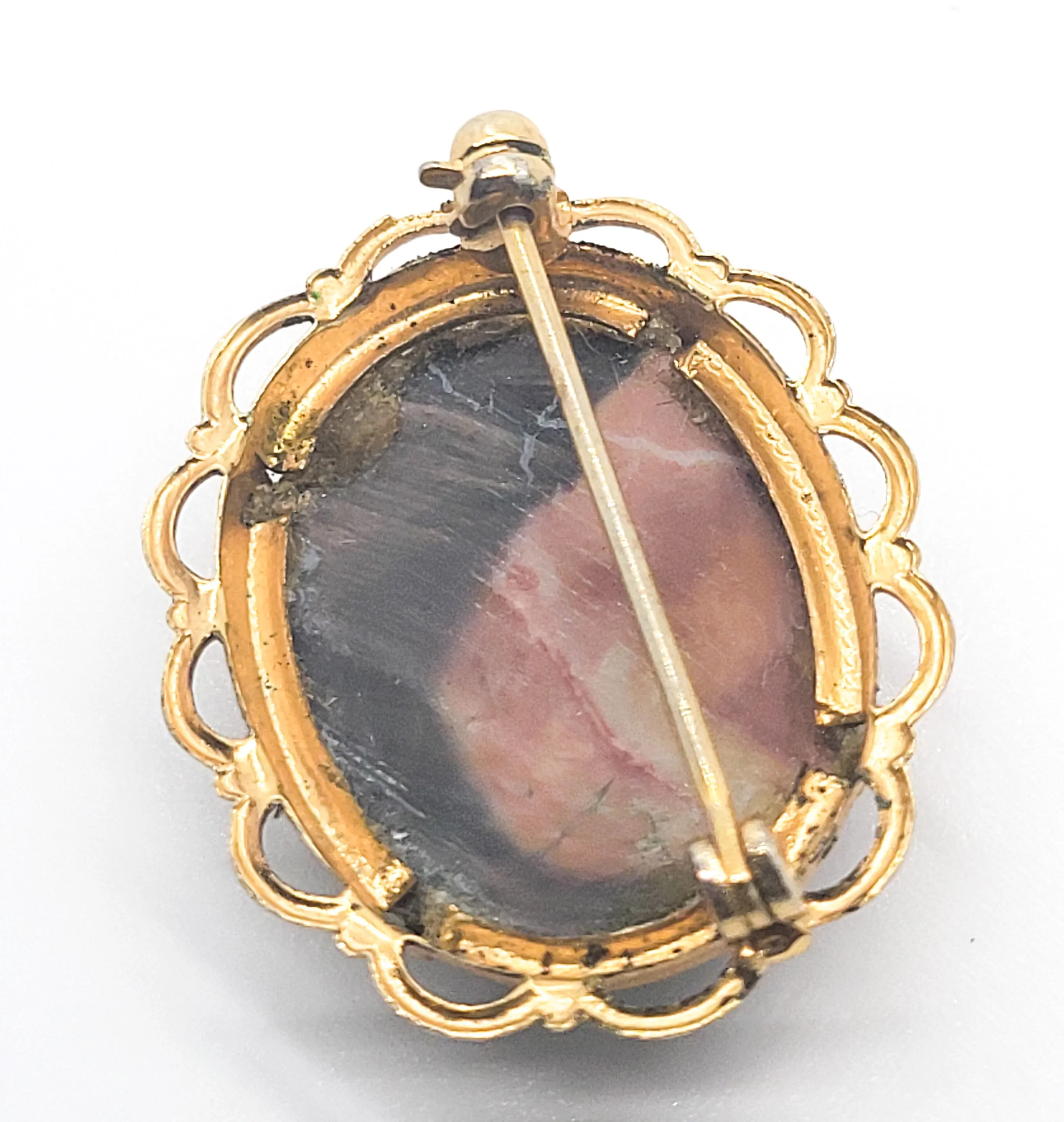 Rhodonite gemstone pink and brown vintage gold toned brooch