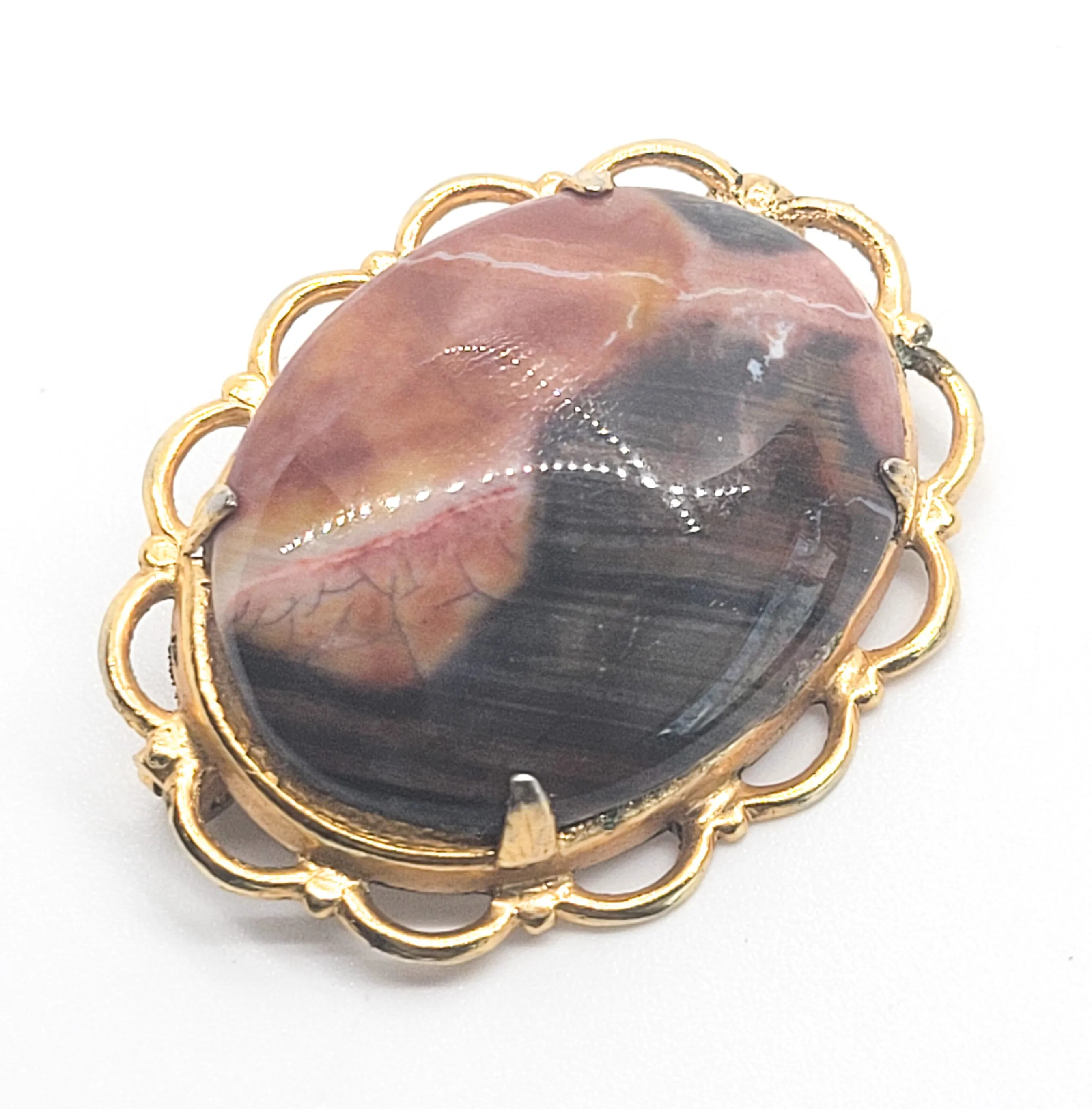 Rhodonite gemstone pink and brown vintage gold toned brooch