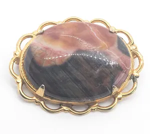 Rhodonite gemstone pink and brown vintage gold toned brooch
