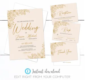 Rose Gold Floral Wedding Invitation Set