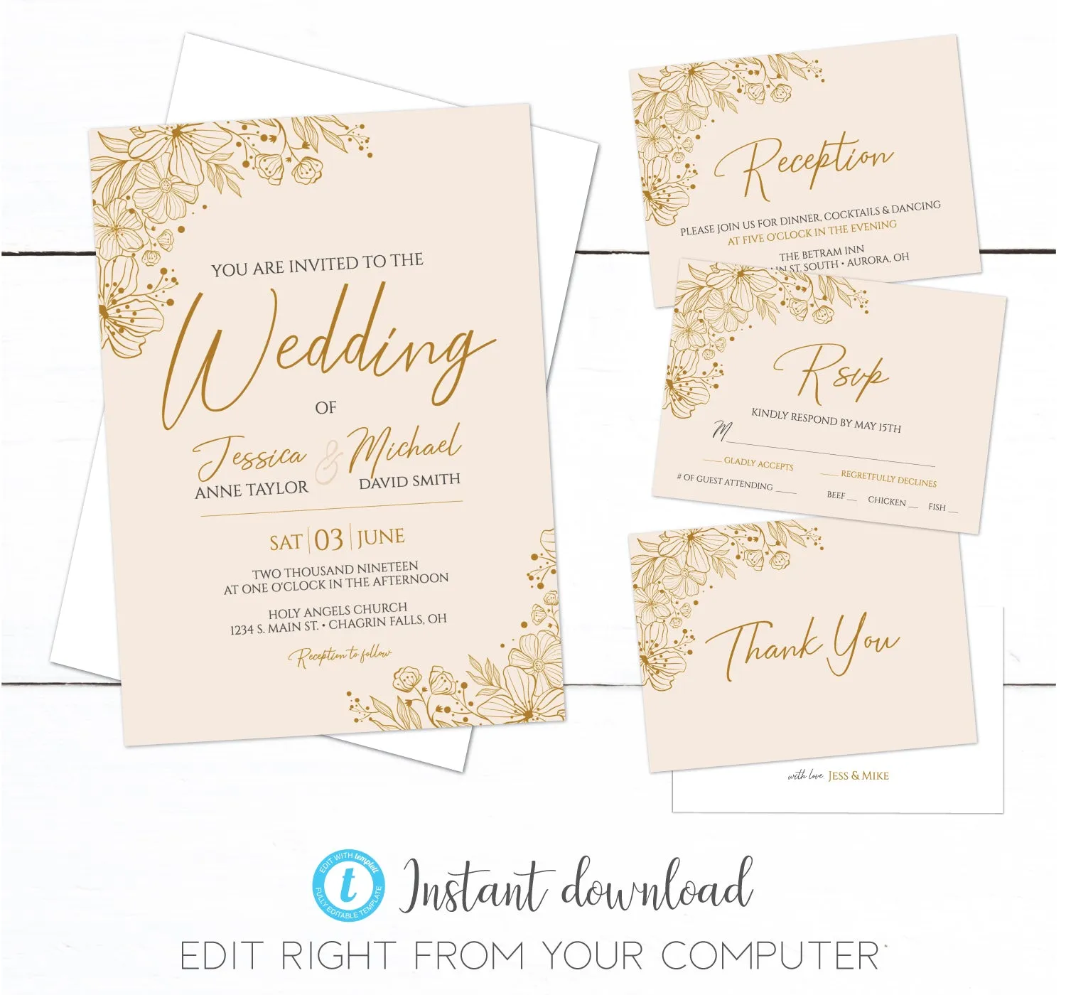 Rose Gold Floral Wedding Invitation Set