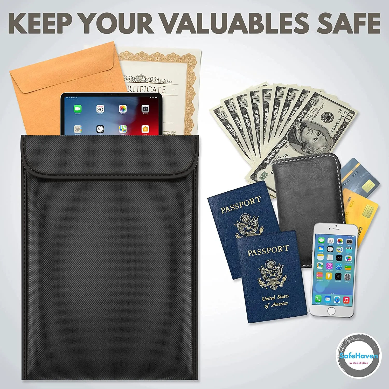 SafeHaven - Fireproof Bag (Legal Size 15"x11" Water-Resistant) - Fireproof Document Bag with Secure Zipper Closure for Valuables - Easy Store and Carry Important Document Holder - Fireproof Money Bag