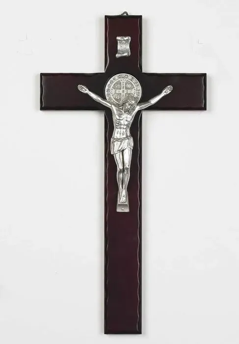 Saint Benedict Cherry Wood Cross - Silver Tone