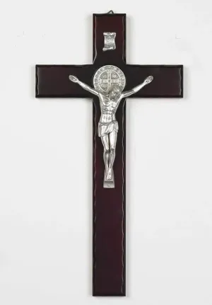 Saint Benedict Cherry Wood Cross - Silver Tone