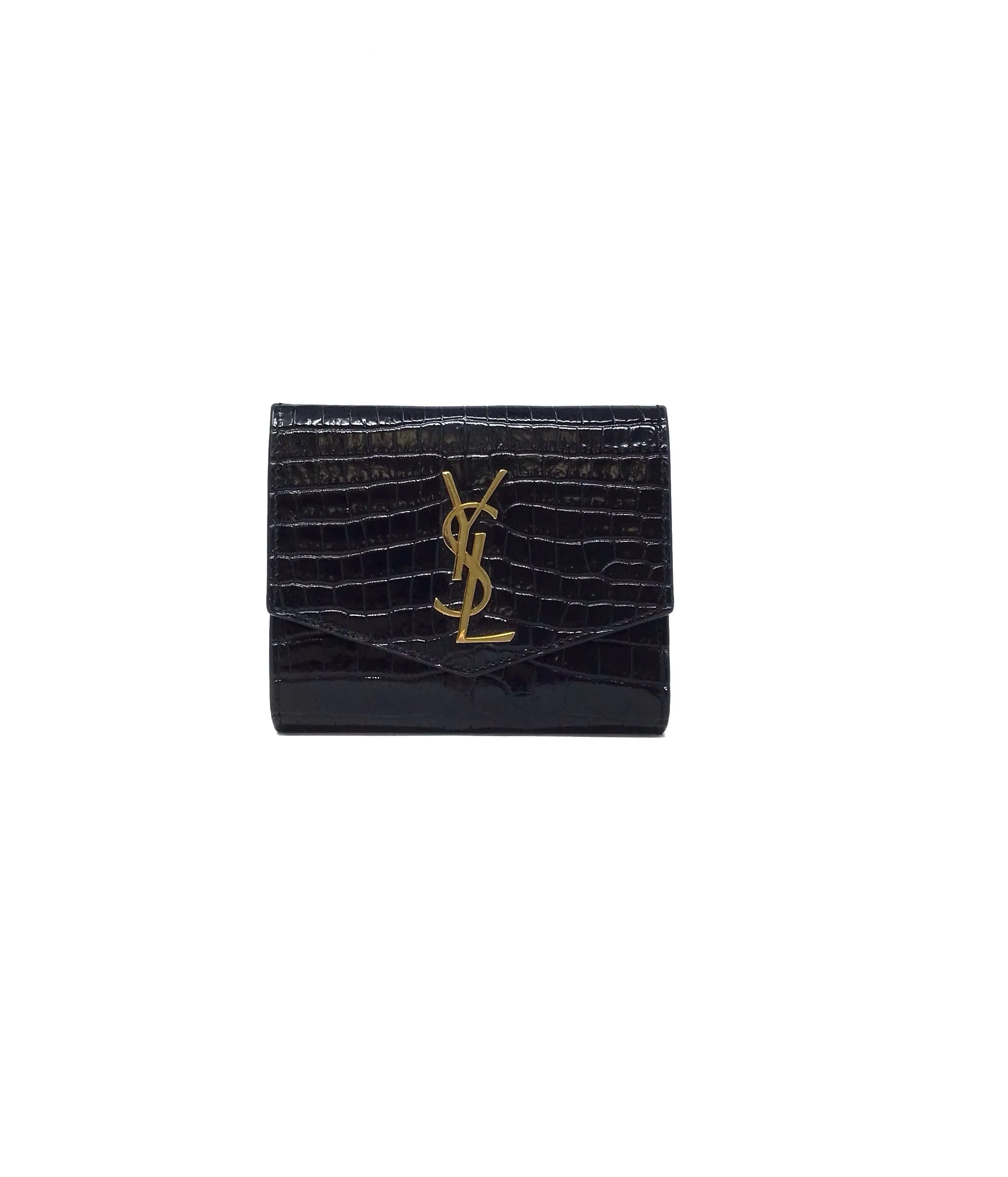 Saint Laurent '23 'Uptown' Shiny Croc-Embossed Compact Wallet
