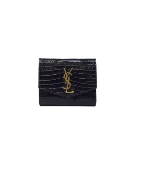 Saint Laurent '23 'Uptown' Shiny Croc-Embossed Compact Wallet
