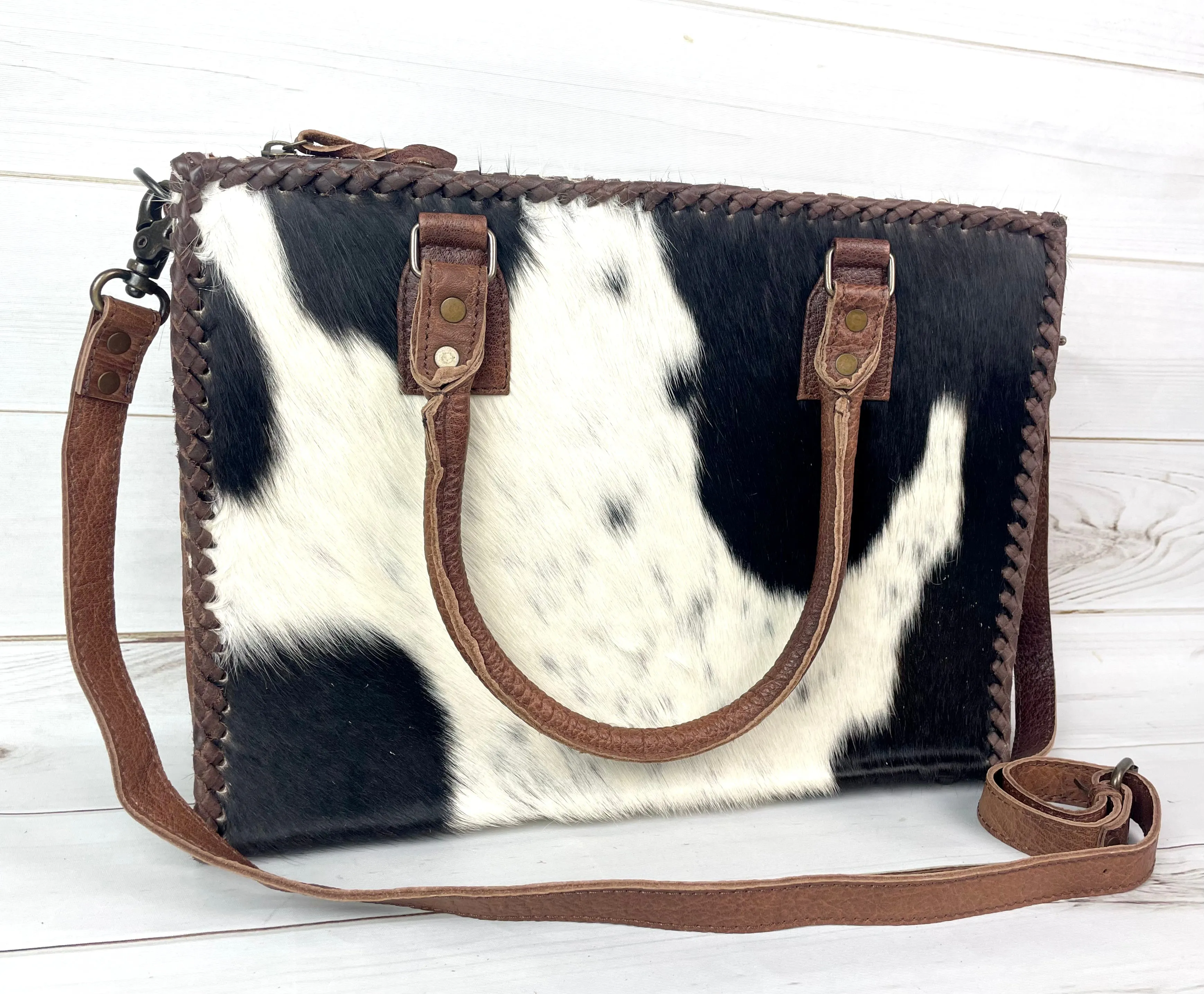 SALE! Leather Braided Dark Brown Cowhide Tote