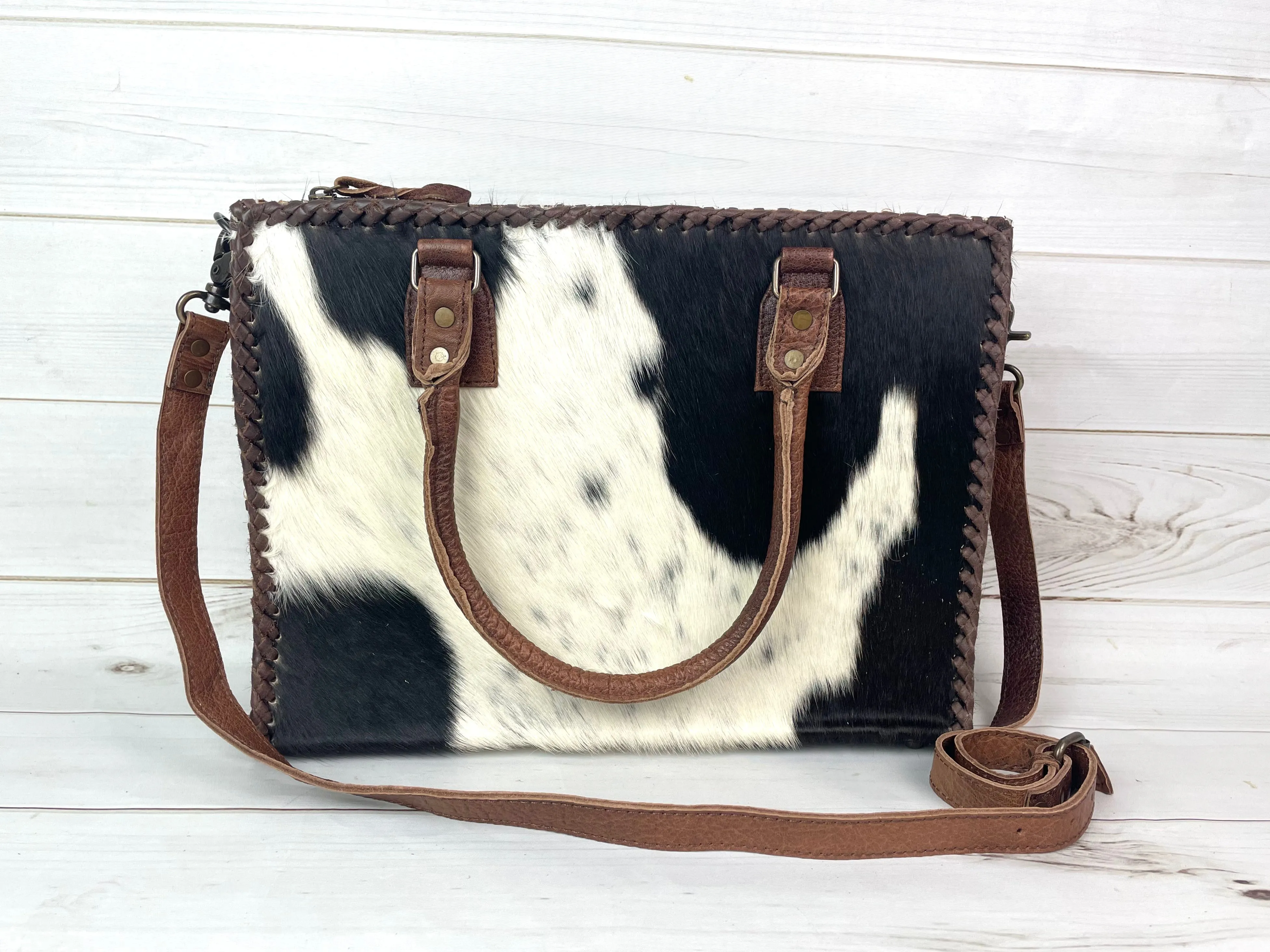 SALE! Leather Braided Dark Brown Cowhide Tote