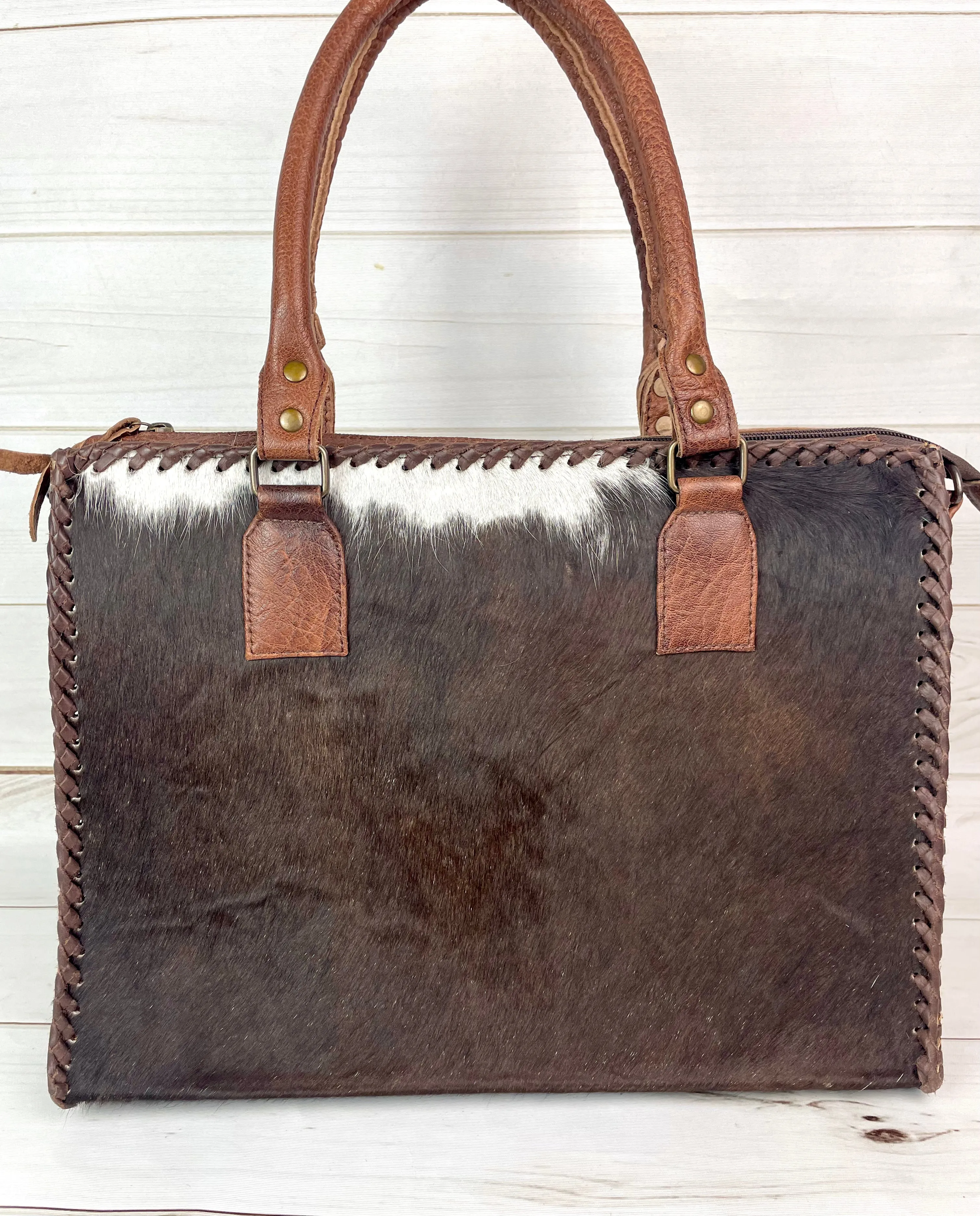 SALE! Leather Braided Dark Brown Cowhide Tote