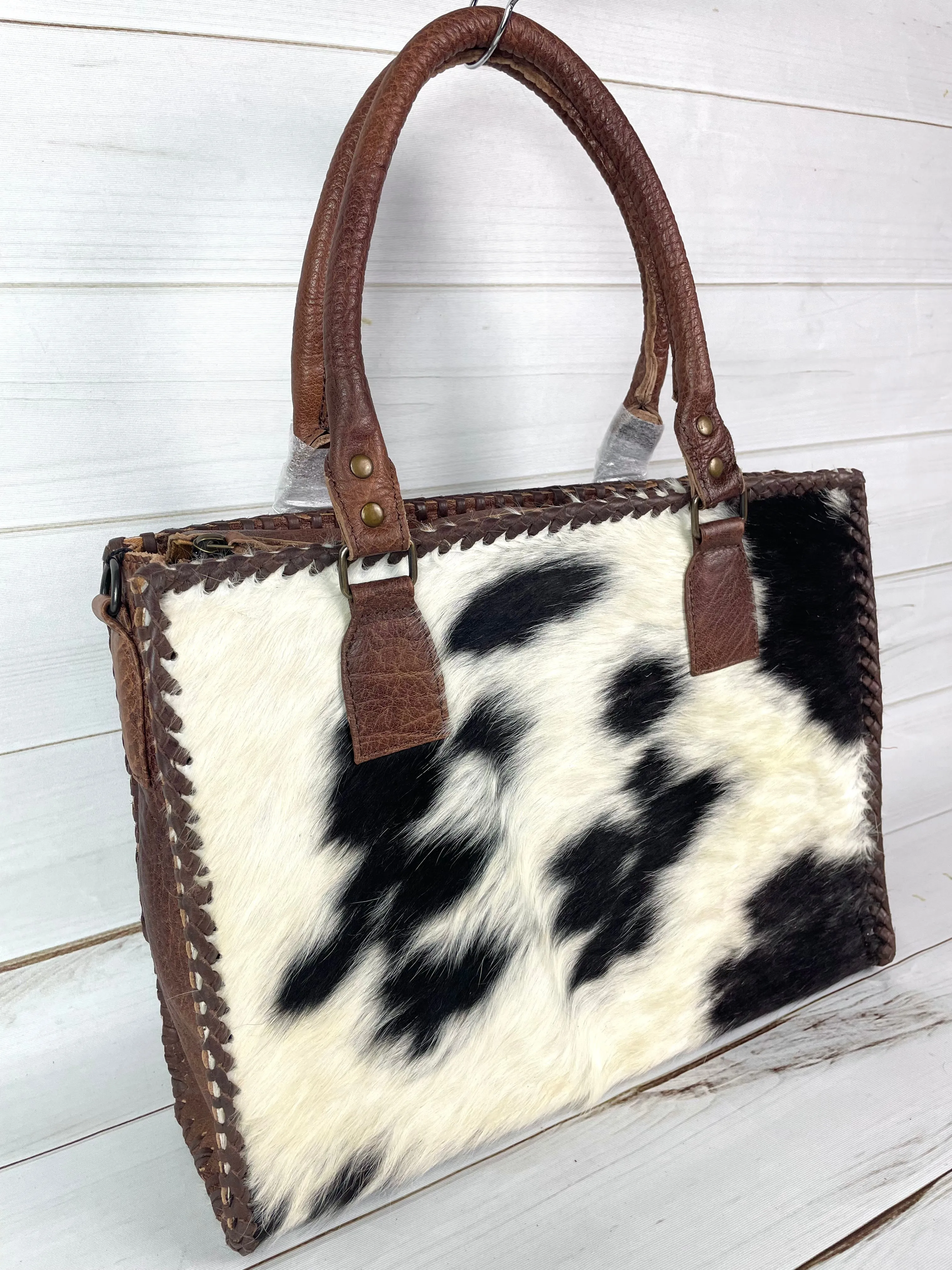 SALE! Leather Braided Dark Brown Cowhide Tote