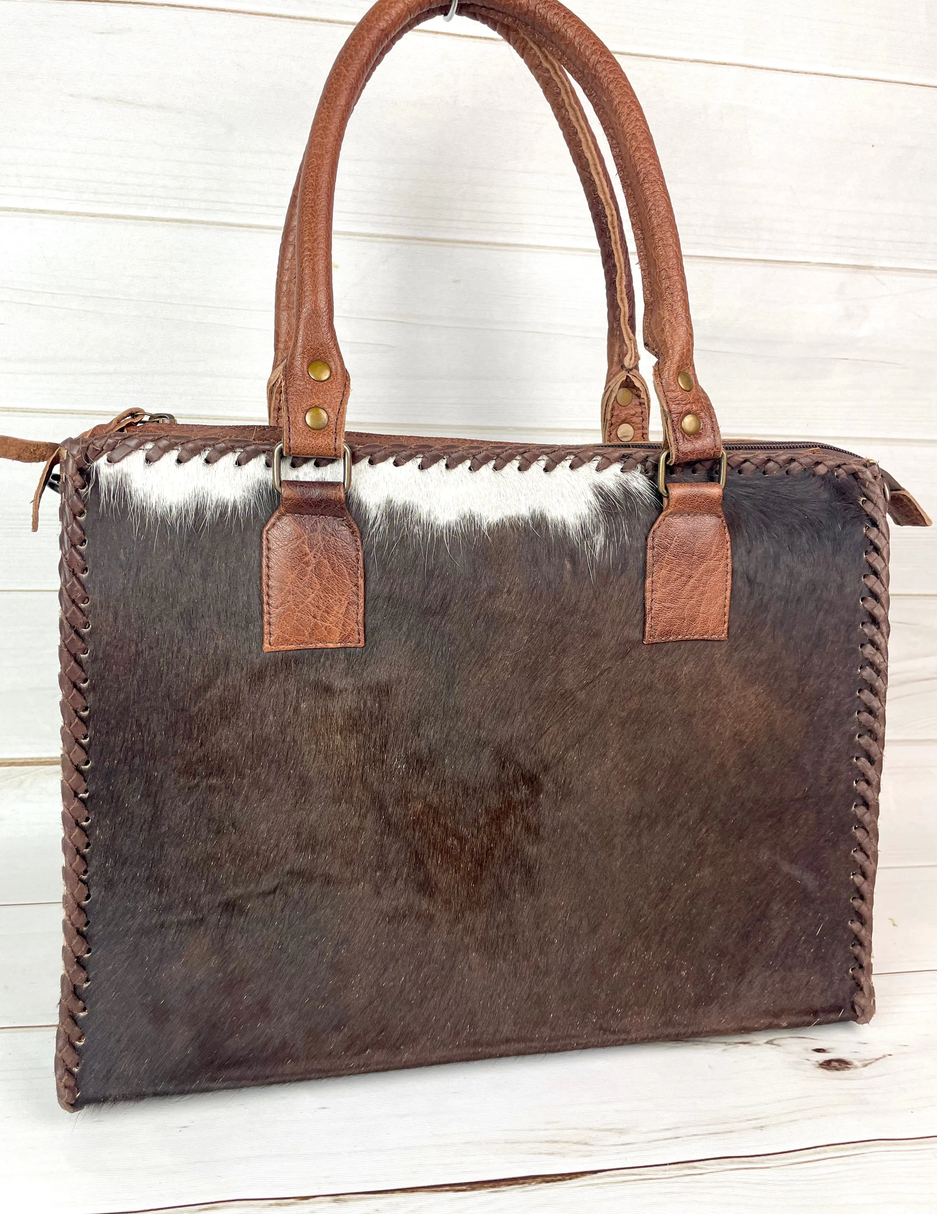 SALE! Leather Braided Dark Brown Cowhide Tote