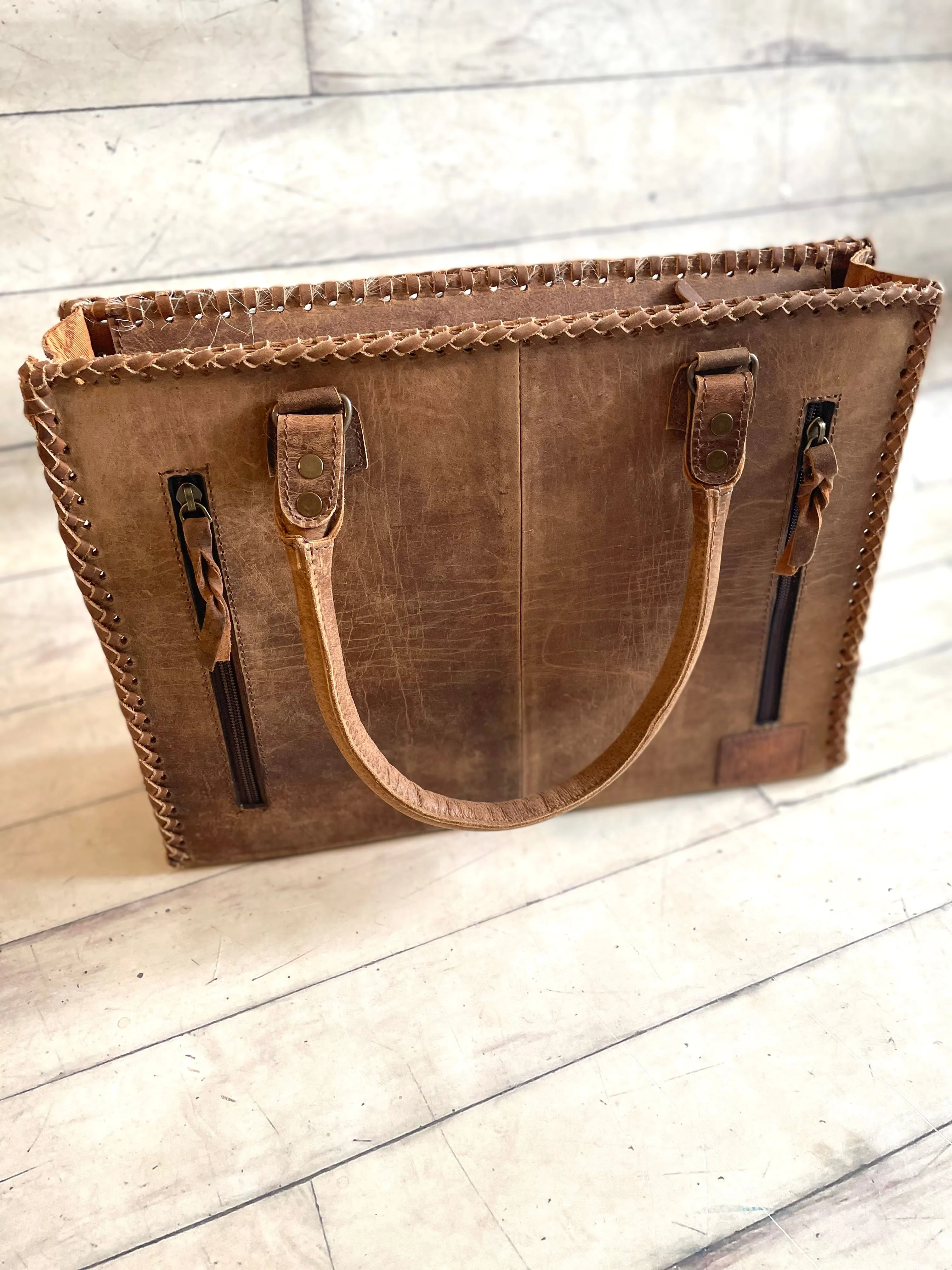 SALE! Leather Braided Dark Brown Cowhide Tote
