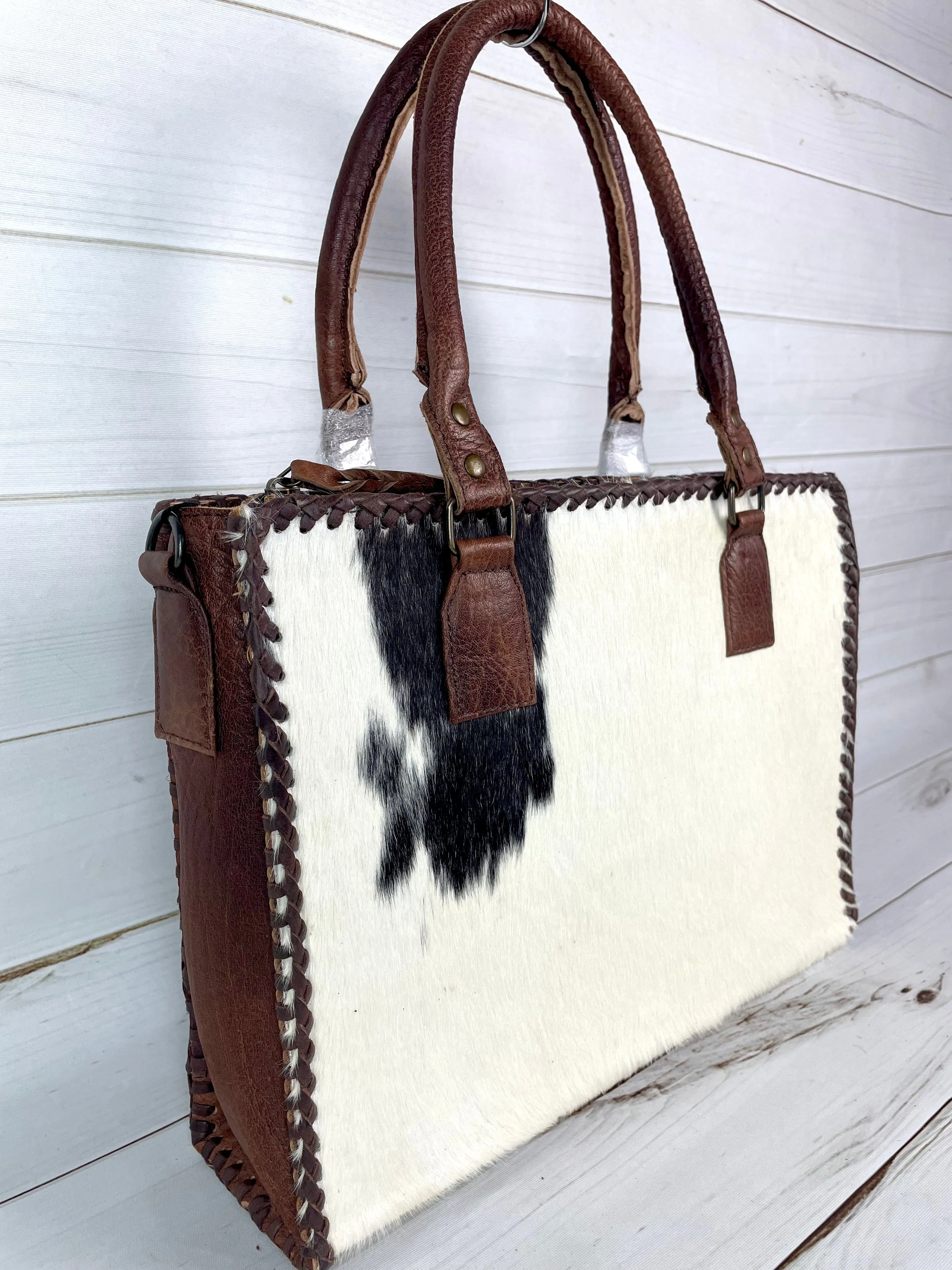 SALE! Leather Braided Dark Brown Cowhide Tote