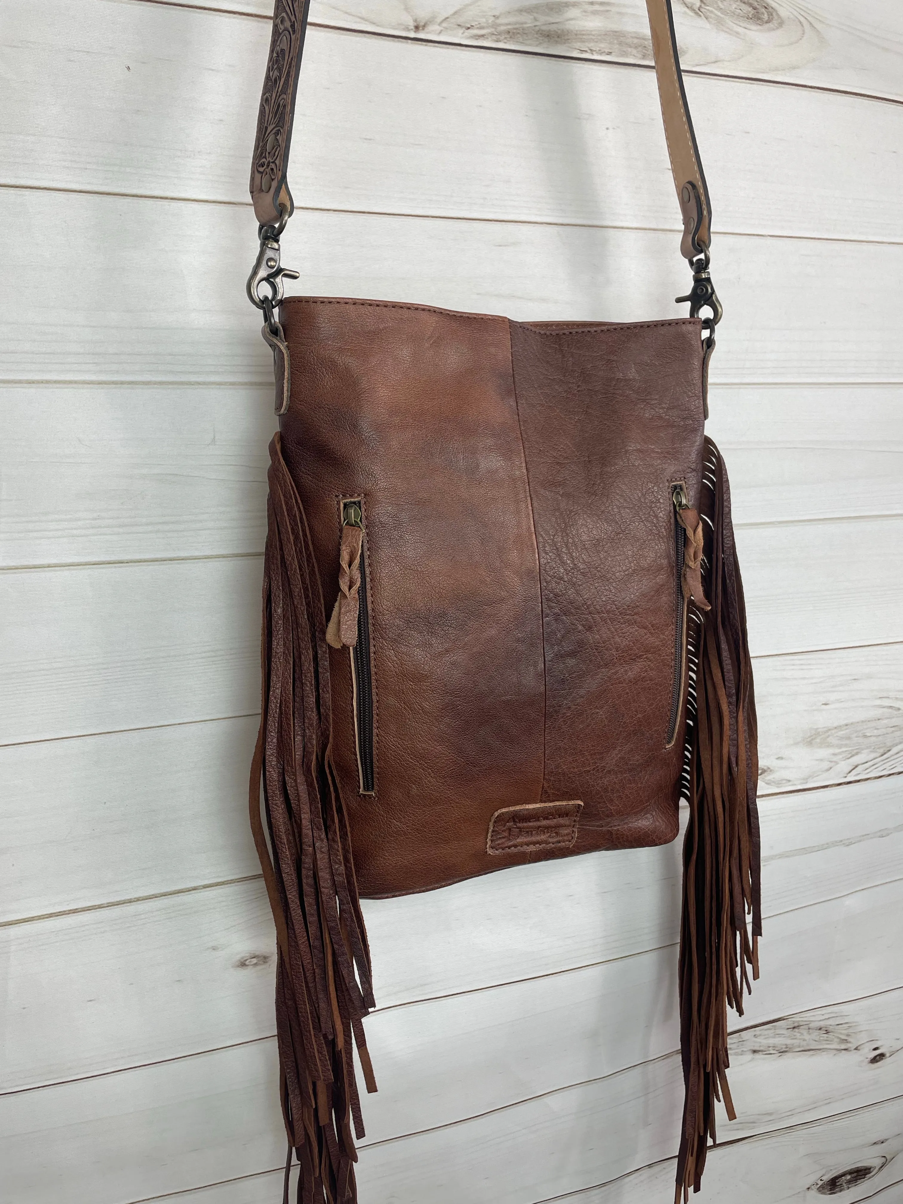 Sale! Leather Floral Tooled Soft Fringe Leather Crossbody Bag