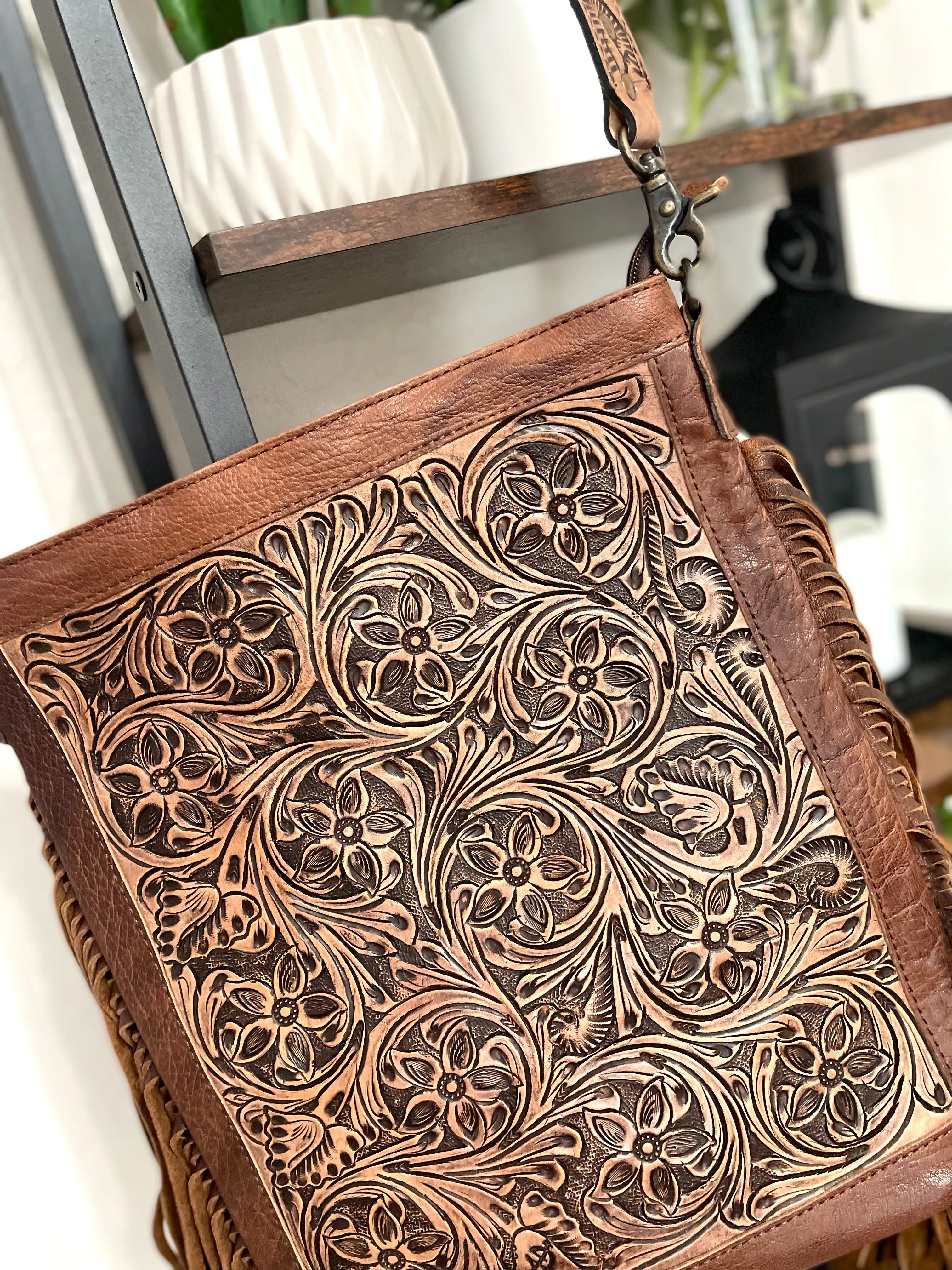 Sale! Leather Floral Tooled Soft Fringe Leather Crossbody Bag