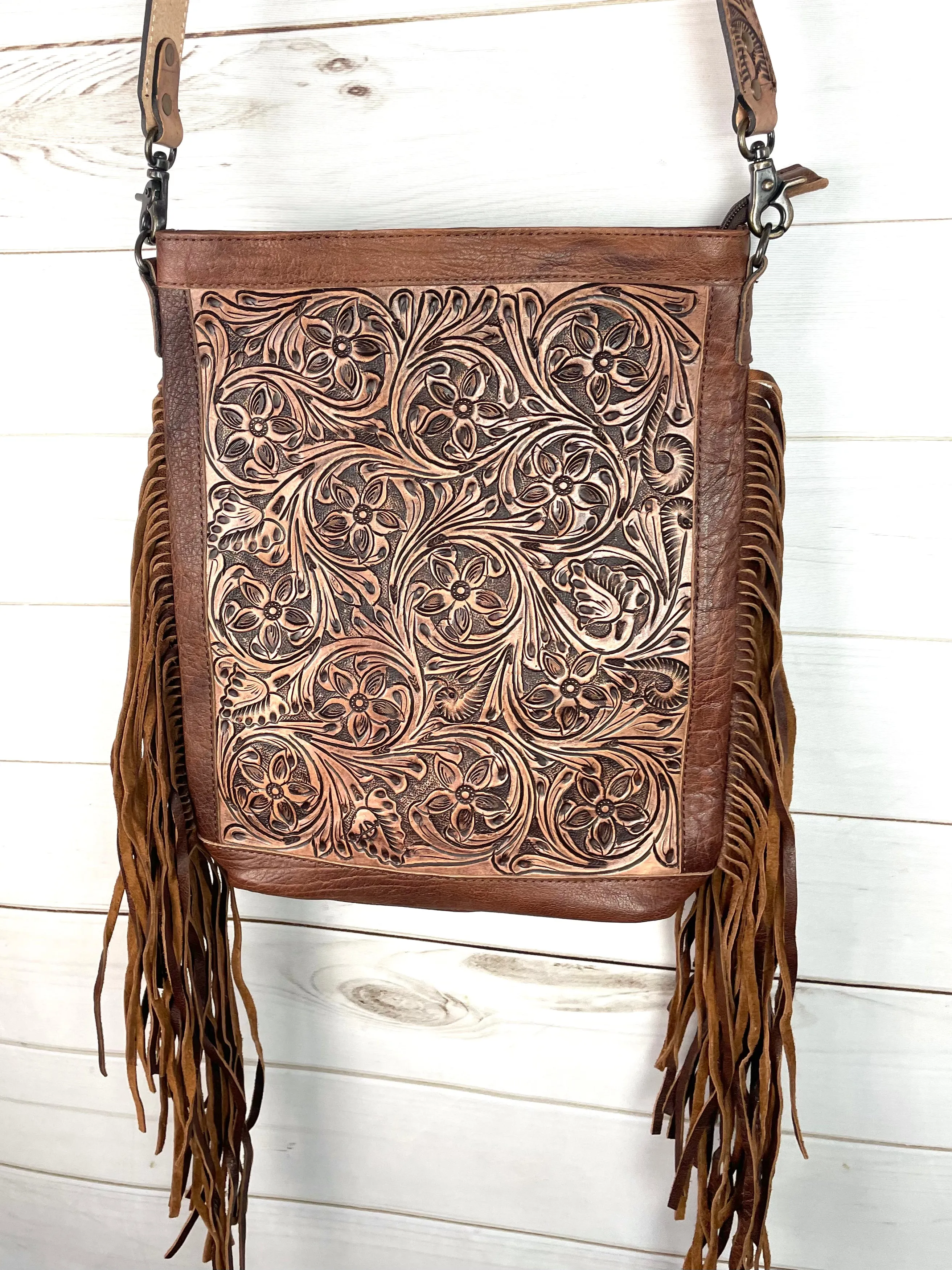 Sale! Leather Floral Tooled Soft Fringe Leather Crossbody Bag