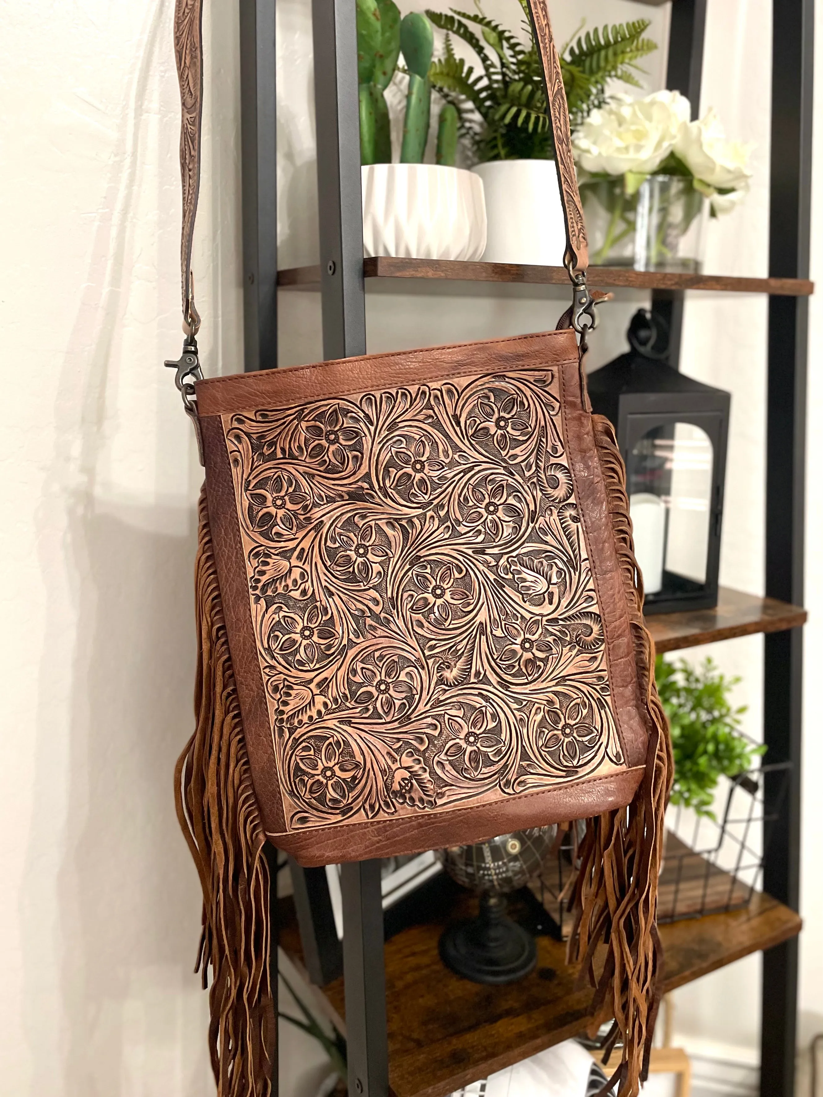 Sale! Leather Floral Tooled Soft Fringe Leather Crossbody Bag