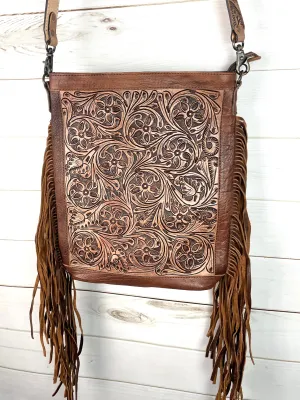 Sale! Leather Floral Tooled Soft Fringe Leather Crossbody Bag