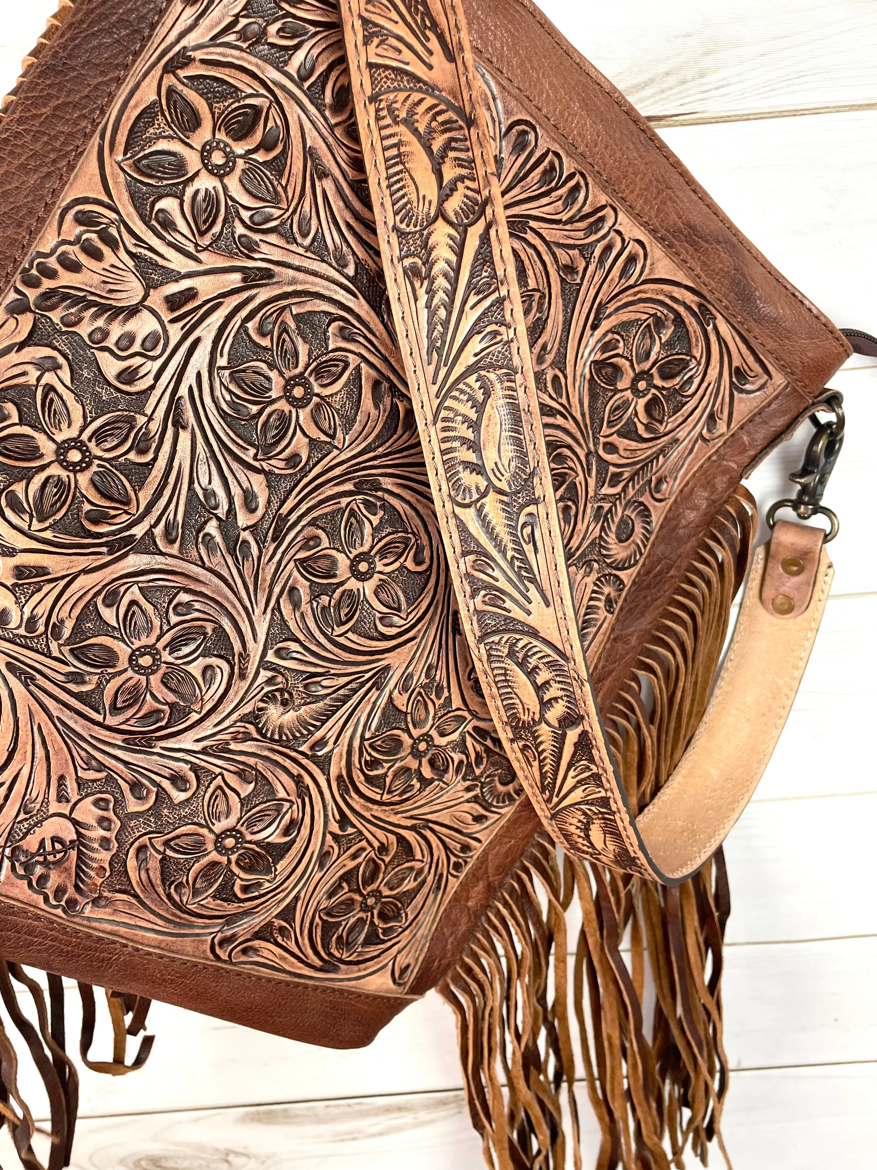 Sale! Leather Floral Tooled Soft Fringe Leather Crossbody Bag