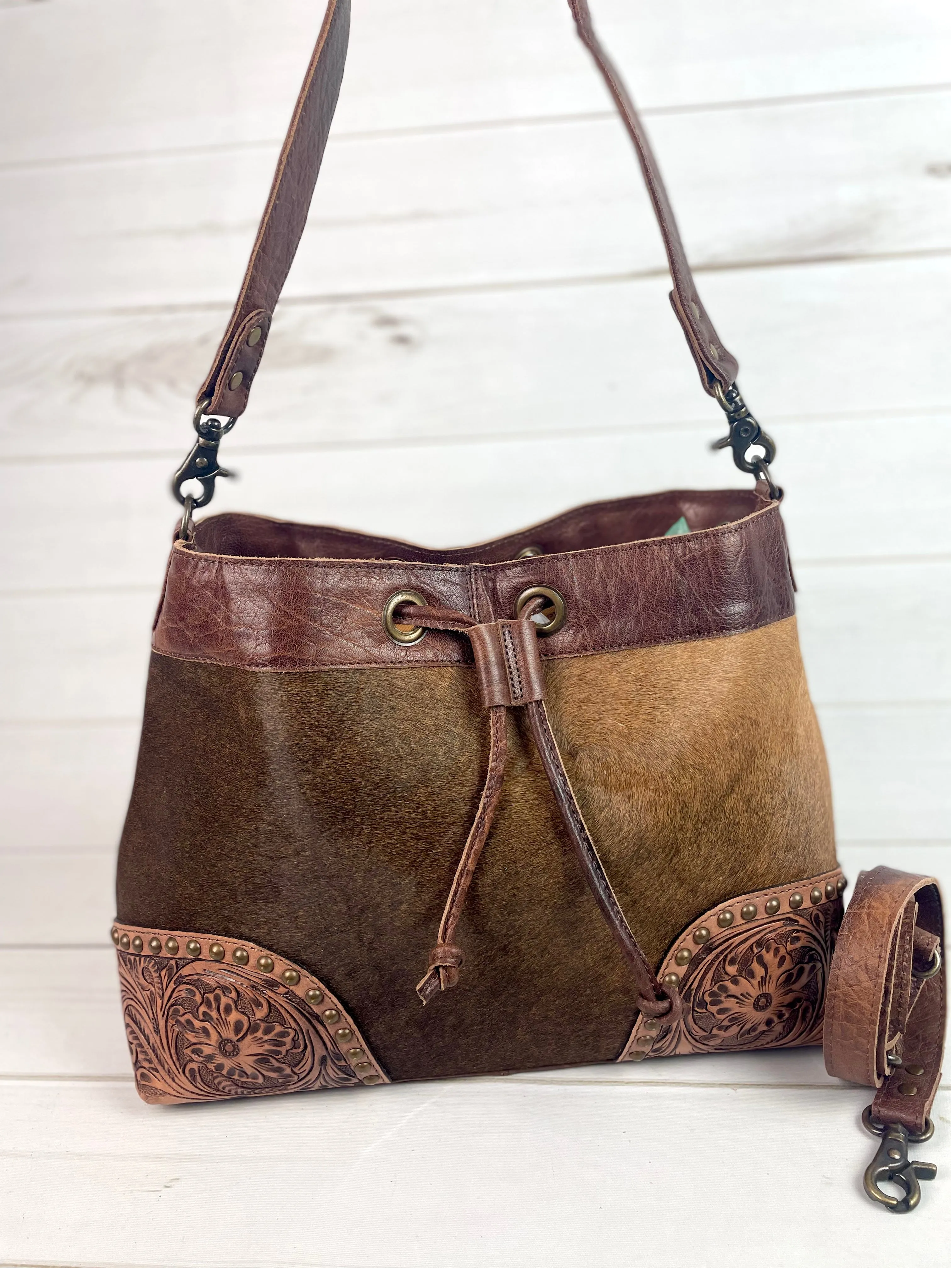 SALE! Verde Brown Cowhide Leather Western Bucket Style Crossbody Bag