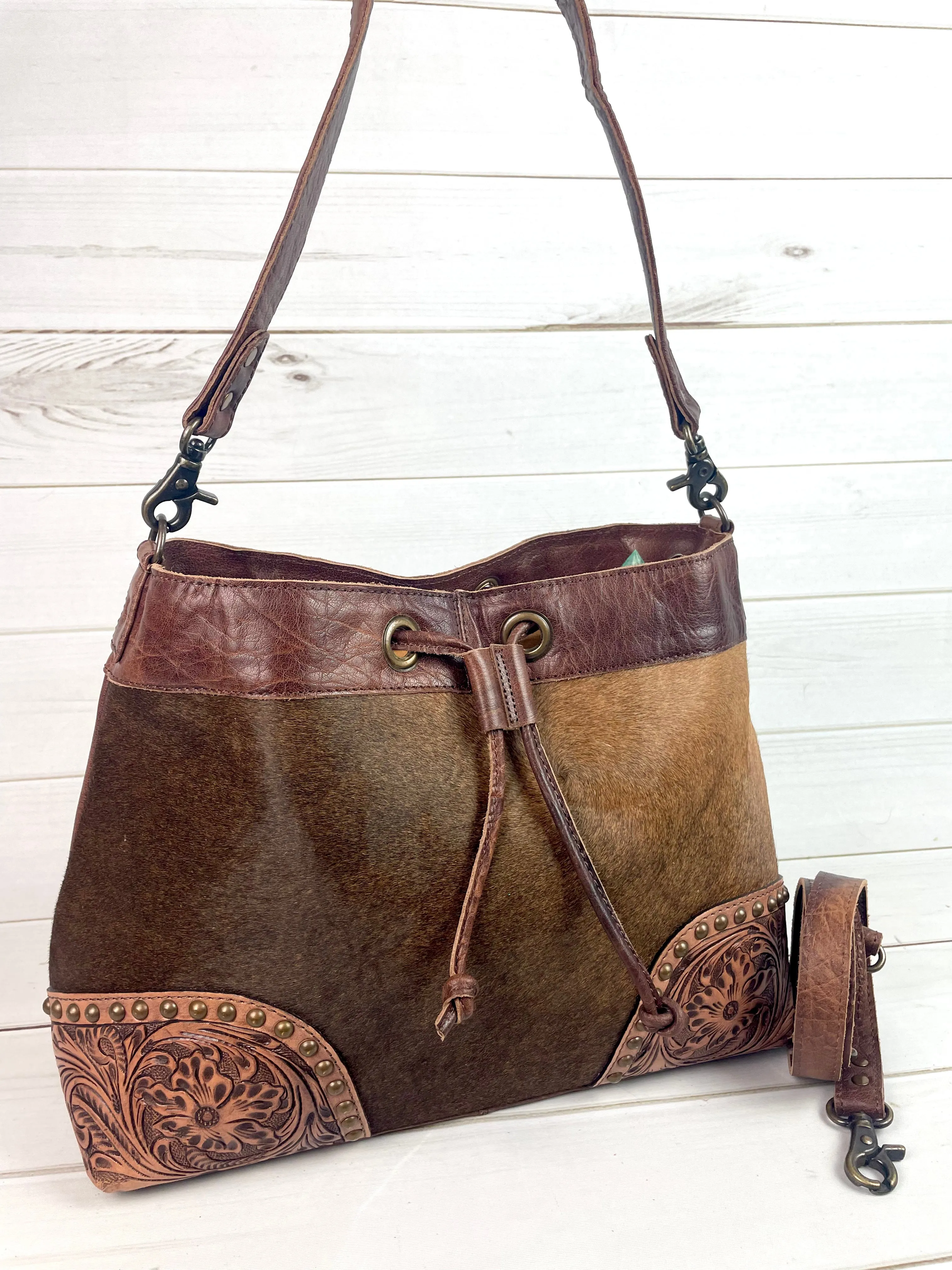 SALE! Verde Brown Cowhide Leather Western Bucket Style Crossbody Bag