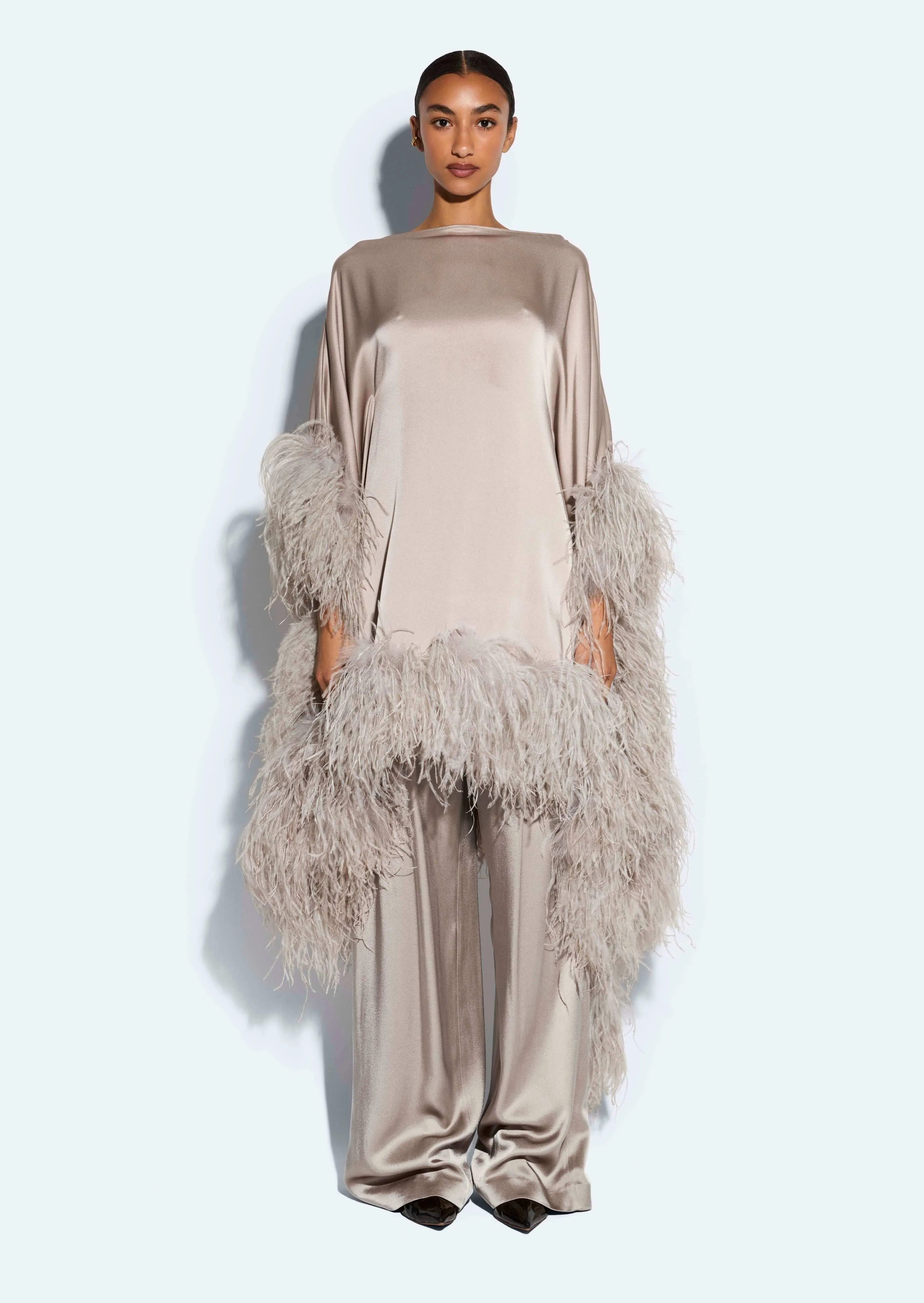 Satin Cape Dress With Feathers