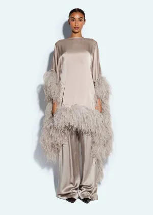 Satin Cape Dress With Feathers