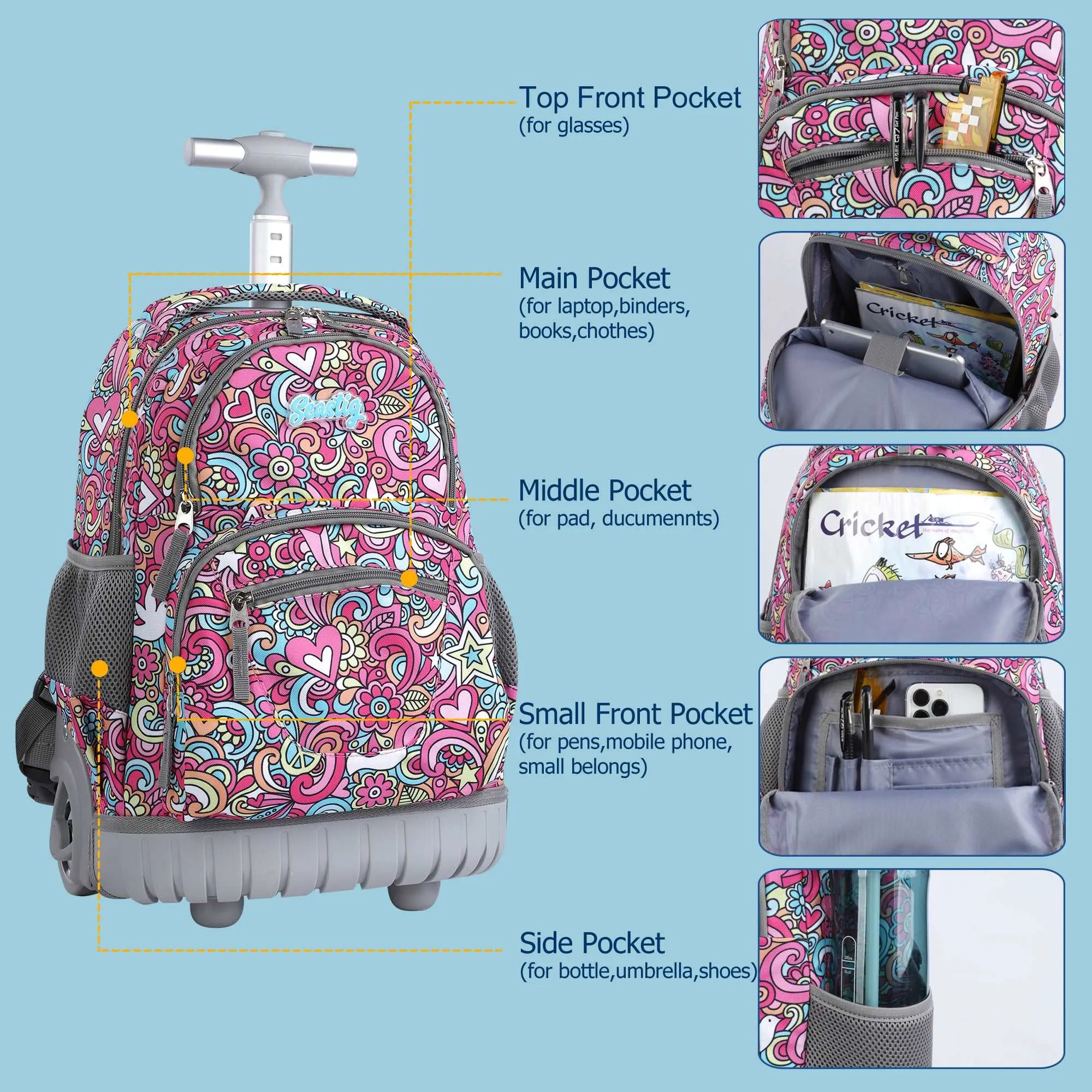 seastig 16 inch Red Flower Rolling Backpack for Kids