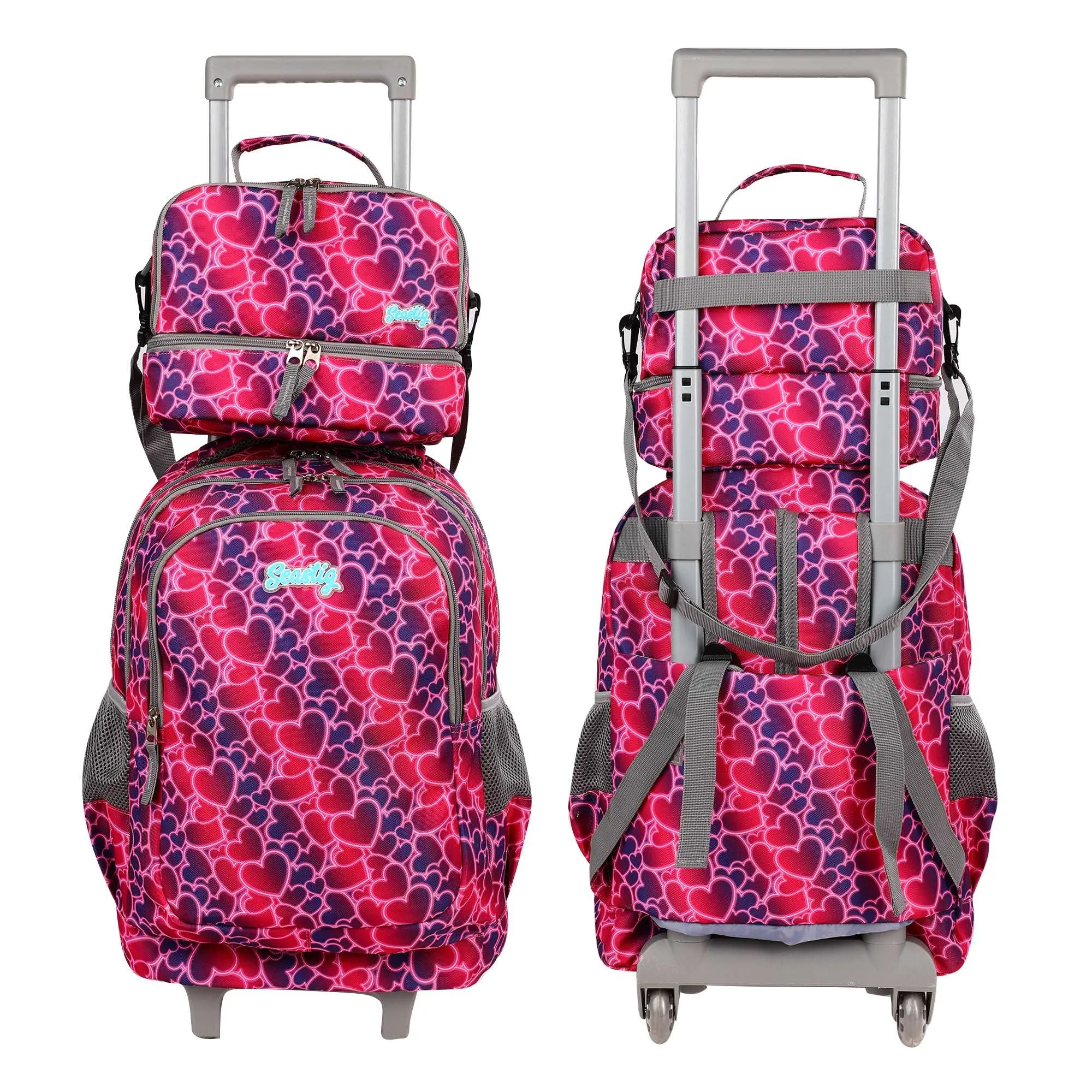 seastig Red Hearts  18in  Rolling Backpack with Lunch Box and Pencil Case Set