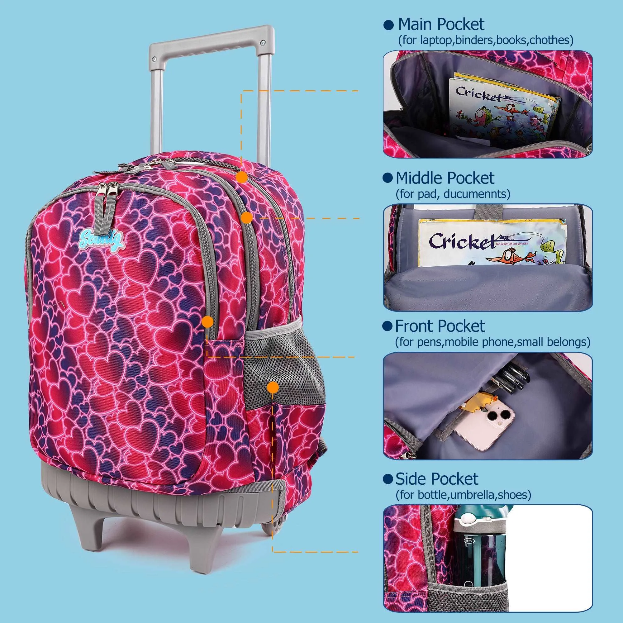 seastig Red Hearts  18in  Rolling Backpack with Lunch Box and Pencil Case Set