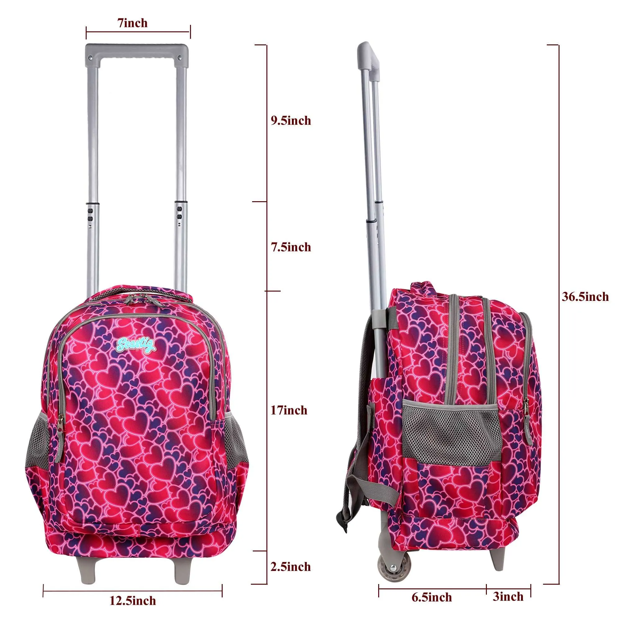 seastig Red Hearts  18in  Rolling Backpack with Lunch Box and Pencil Case Set