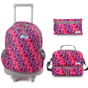 seastig Red Hearts  18in  Rolling Backpack with Lunch Box and Pencil Case Set