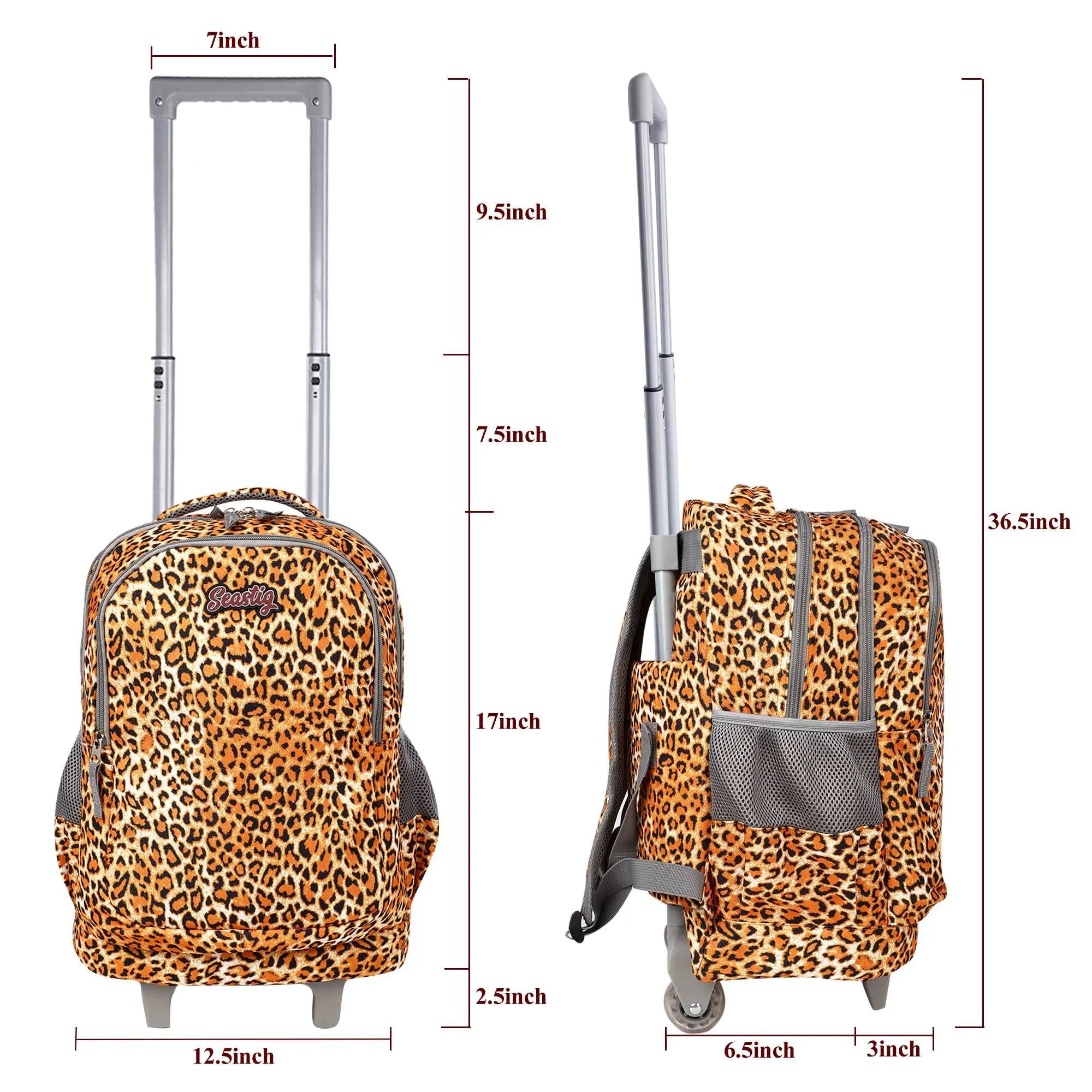 seastig Yellow Leopard Chhetah Print Rolling Backpack 18 inch Kids Backpack with Wheels