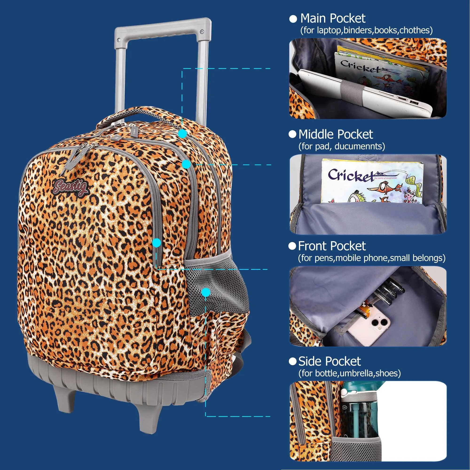 seastig Yellow Leopard Chhetah Print Rolling Backpack 18 inch Kids Backpack with Wheels